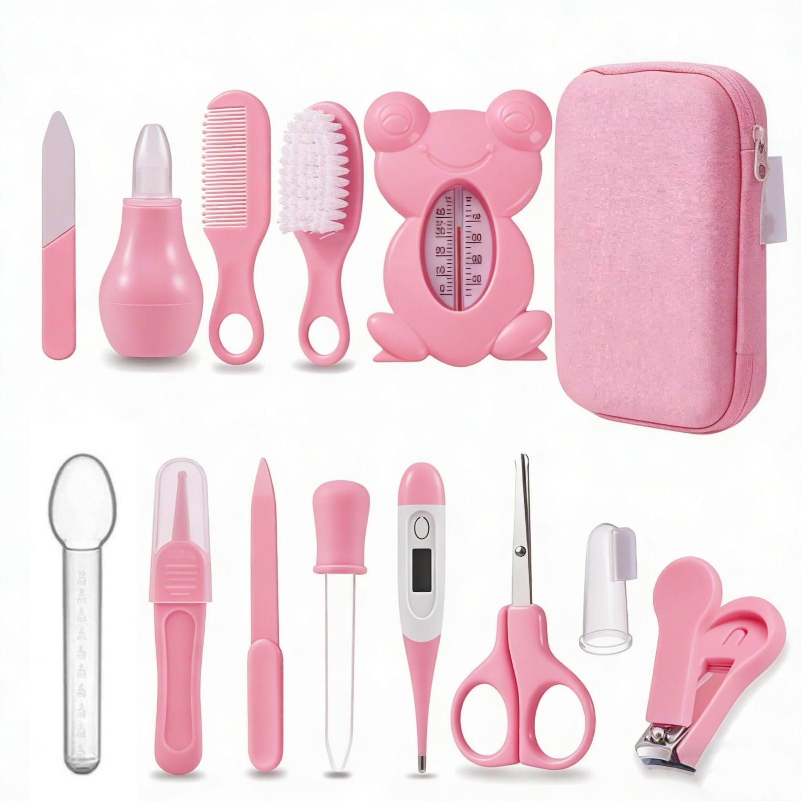 Trousse de Soin Bébé Naissance 13 en 1 – Trousse de Toilette Bébé avec Brosse, Peigne, Coupe-Ongles, Ciseaux, Thermomètre Digital, etc.– Kit Complet pour Nouveau-Né Fille Garçon (rose)