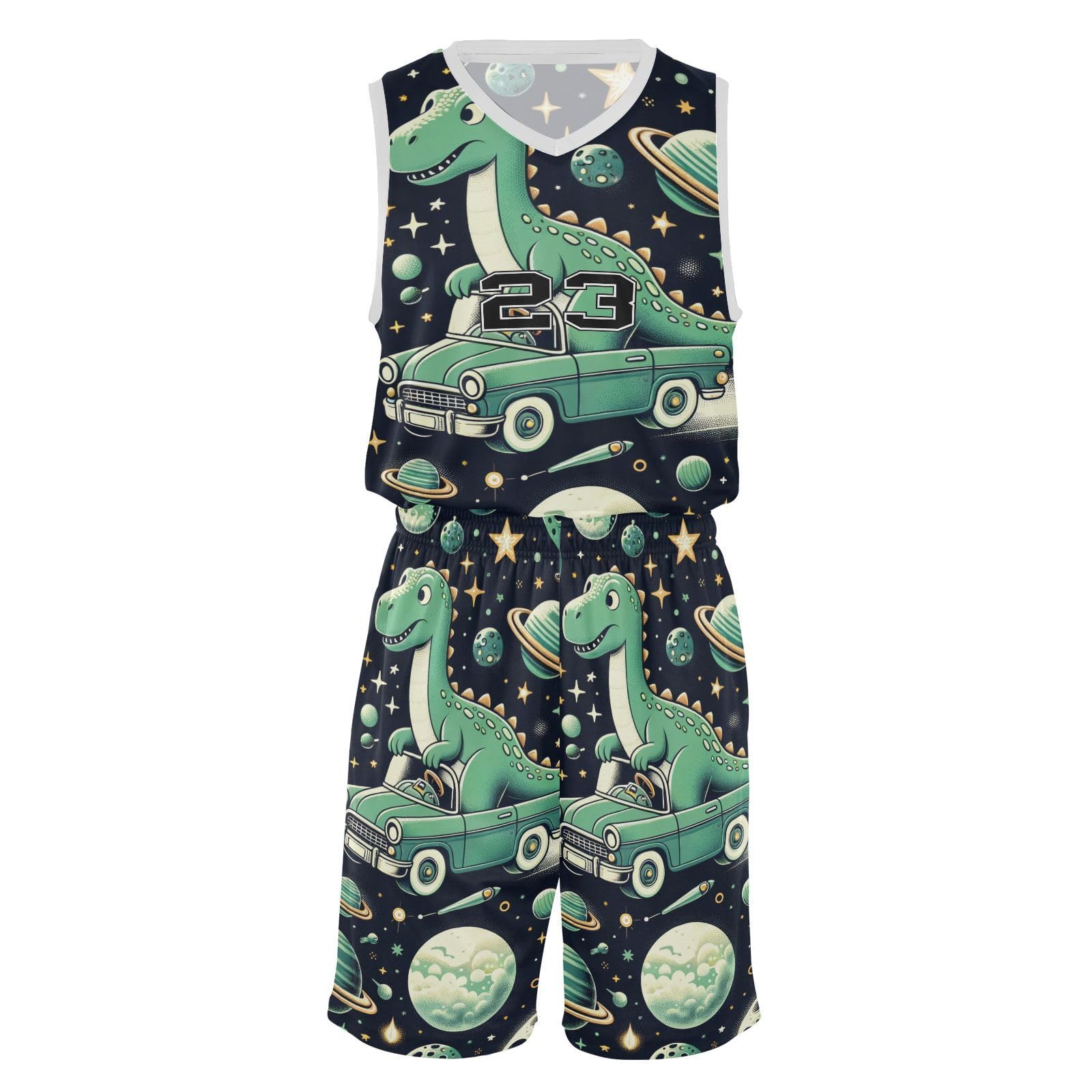 FLildon Space Dinosaurs Green Boys Basketball Jersey Set Tank Top Shorts Tracksuit Sport Training Suit for Kids, M