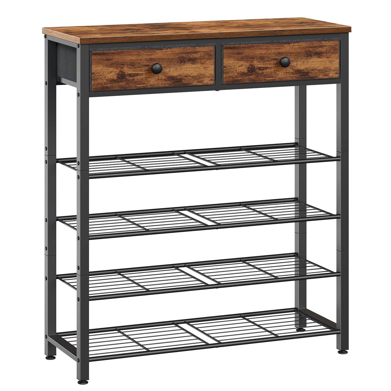 HOOBRO Étagère de Chaussures, Porte-Chaussures Étroit de 75 x 28 x 93 cm avec 2 Tiroirs et 4 Étagères Métalliques, Table d’Entrée, pour Entrée, Couloir, Balcon, Marron Rustique et Noir EBF178XJ01