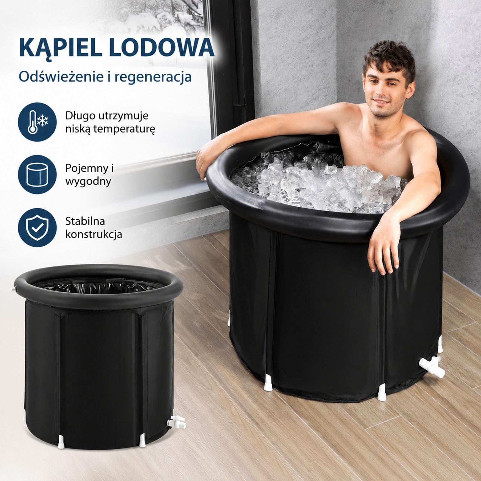 Nadmuchiwana wanna lodowa 330 L, czarna okrągła składana wanna z pokrywą do domu i na zewnątrz