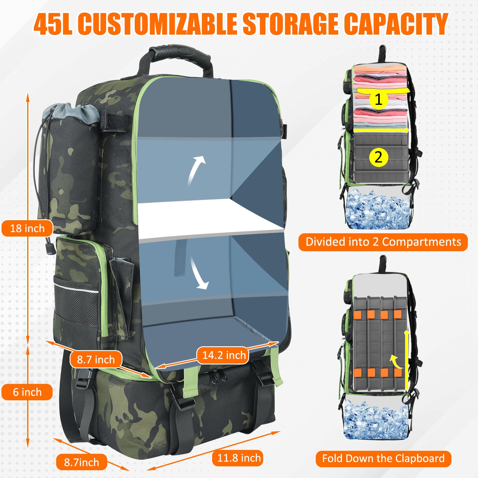 ayamaya Angelrucksack mit Kühler, 45 l Tackle-Rucksack mit Rutenhaltern und isolierter Lunchtasche, große Outdoor-Angeltasche für 4 Angelboxen und Ausrüstung