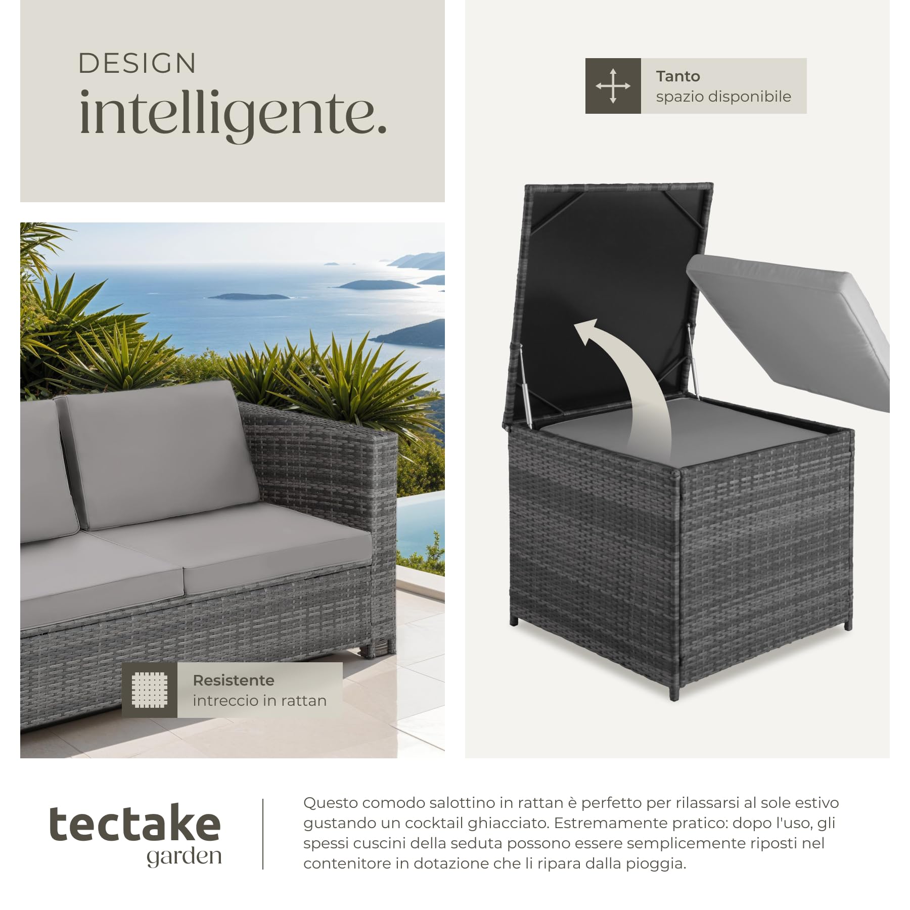 tectake® Salottino in Rattan, 2 Divani per Esterno con Cuscini, 1 Tavolo con Piano in Vetro, 1 Contenitore di Custodia, Salotto da Giardino Esterno, Salottino da Esterno - Grigio/Grigio Chiaro