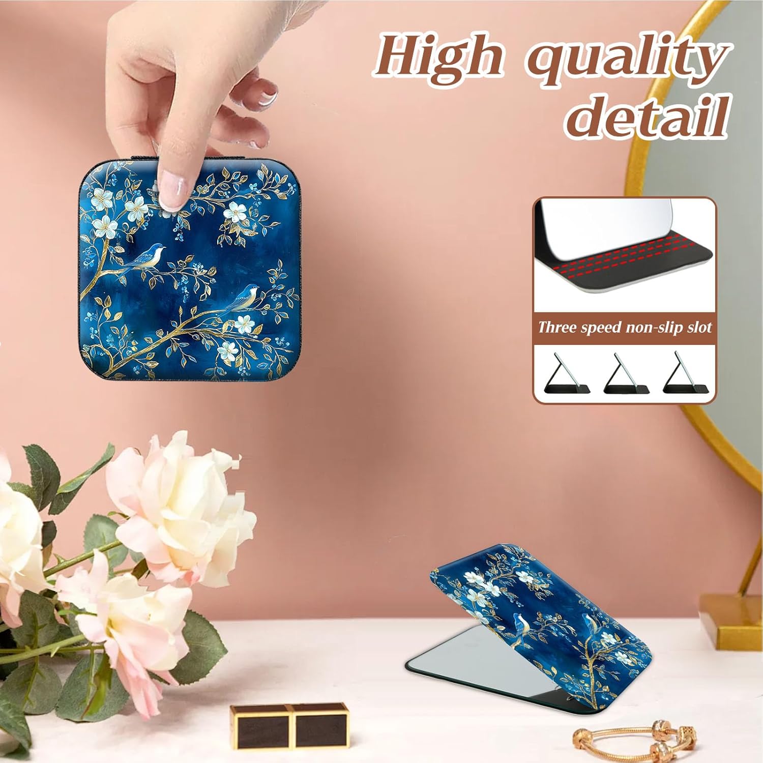 Travel Jewelry Case with Compact Mirror, Vintage Blue Birds Flowers Exquisite PU Leather Jewelry Boxes for Women, Best Gifts for People Who Travel - Dainty Jewelry Organizer