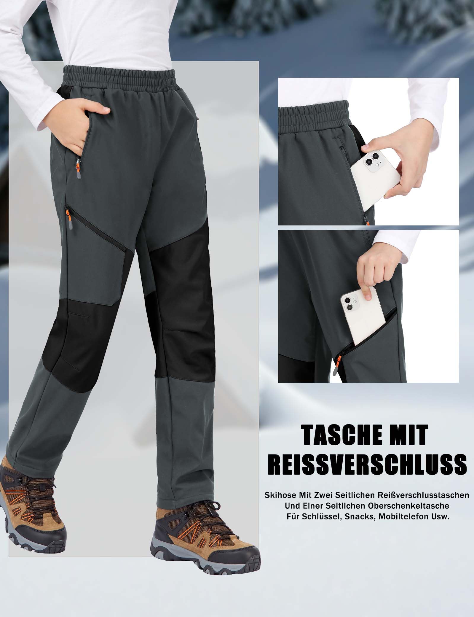 Pantalon Ski Enfant Polaire Chaud Softshell Doublé Randonnée Poche Zippée Garçons Filles