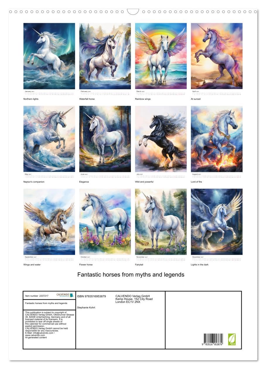 Fantastic horses from myths and legends (Wall Calendar 2027 DIN A2 portrait), CALVENDO 12 Month Wall Calendar: Magical paintings of unicorns and other mystic horses from fabulous tales