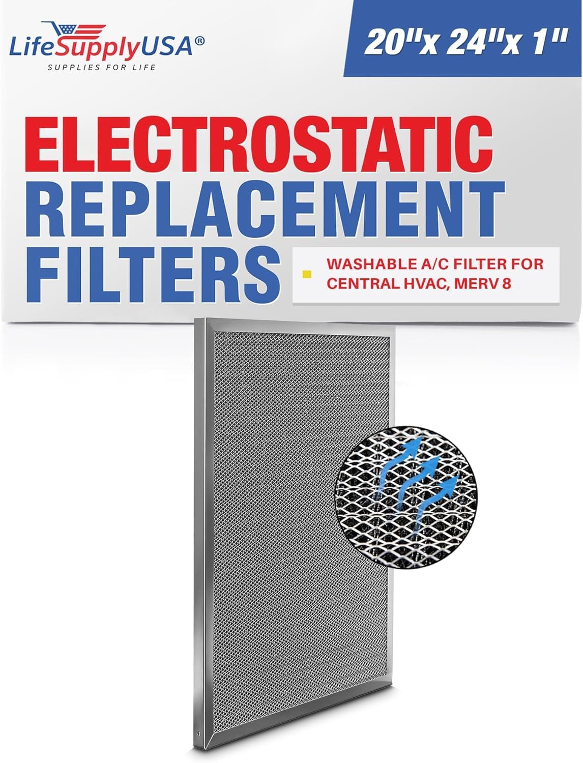 LifeSupplyUSA - Filtro de Aire de Repuesto para Sistema de Aire Acondicionado Central HVAC (20 x 24 x 1, electrostático, Lavable)