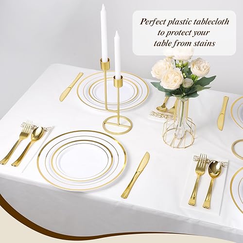 Miniatura 5 de Goodluck Manteles de plástico de 54 pulgadas x 300 pies con caja cortadora, rollo de cubierta desechable blanca, mantel de plástico para fiestas,