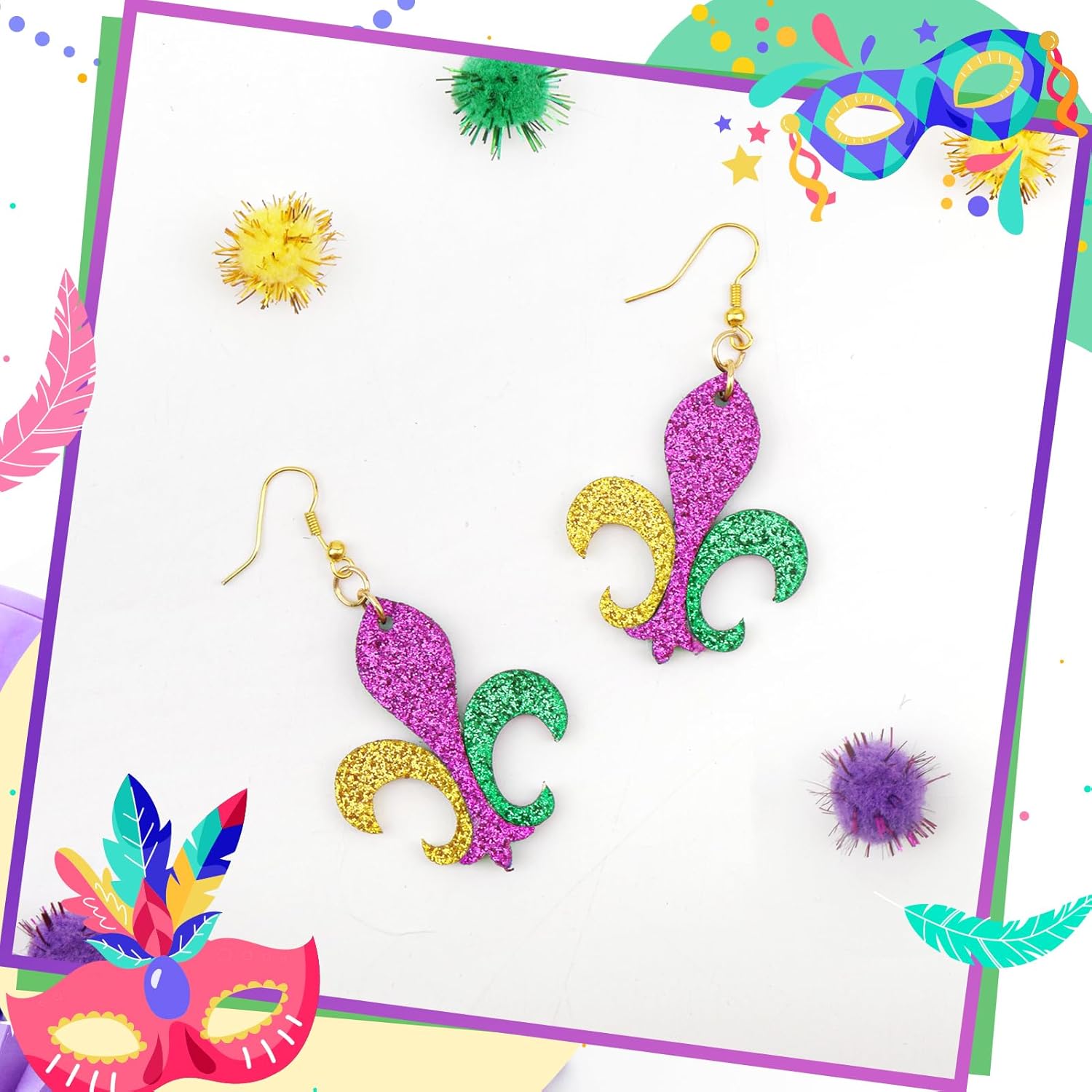 YanJie 2Pcs Mardi Gras Earrings for Women Glitter Carnival Earring Purple Fleur de lis Parade Accessories for Women Party Crown Outfits - Image 6