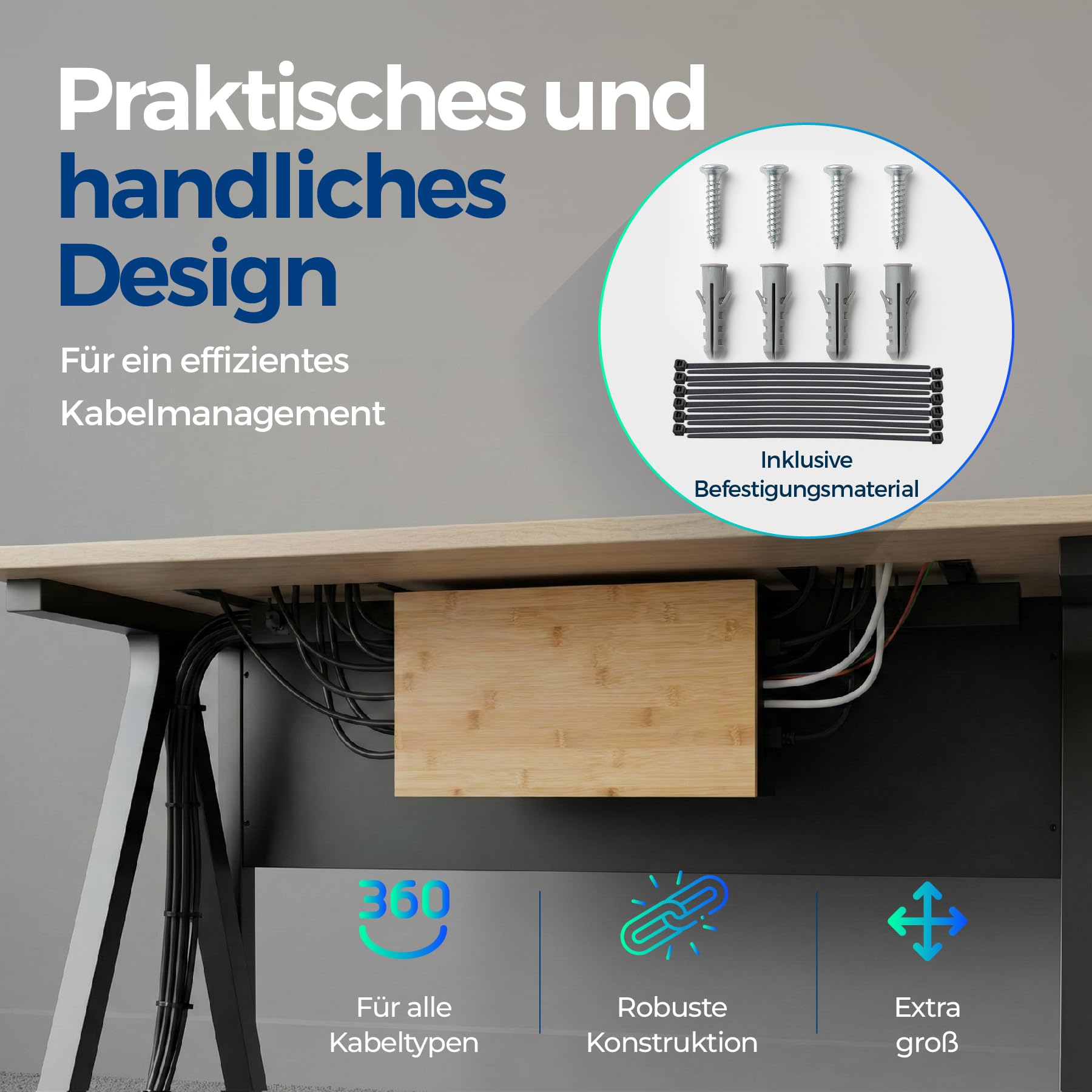 Kabelmanagement Box aus Bambus 41×20×11 cm – Magnetischer Deckel – Kabel Organizer für Schreibtisch & TV – Kabelbox zur Kabelaufbewahrung – inkl. Montagematerial für Wandbefestigung (Schwarz L)