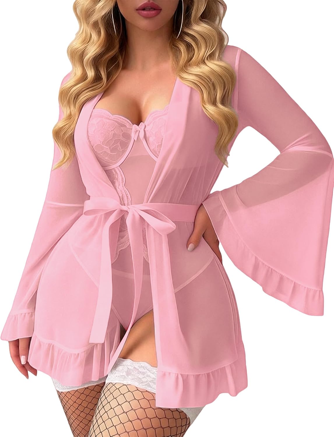 Women Sexy Teddy Lingerie Set Lace Mesh Bodysuit with Sheer Robe