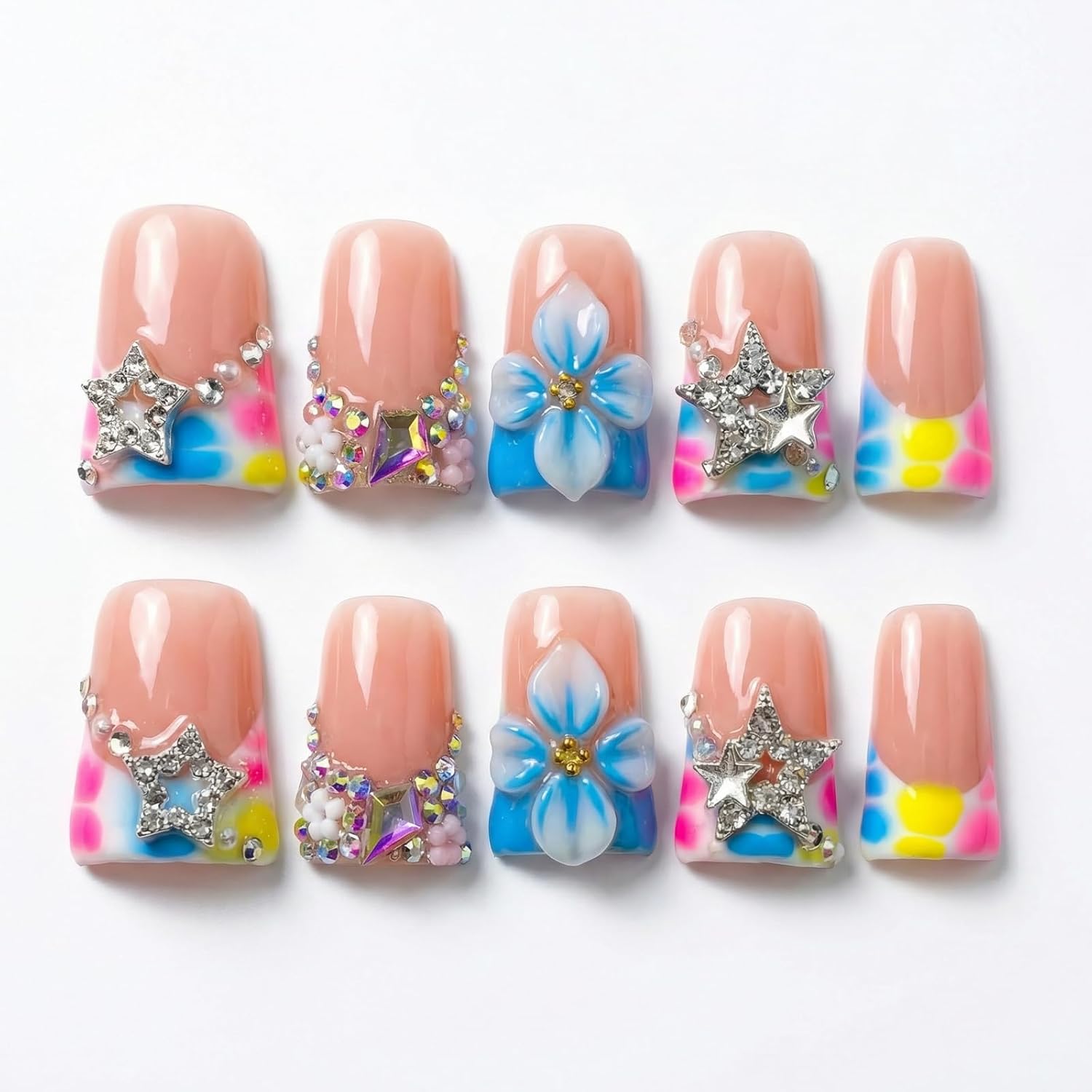 Summer Press on Nails - Medium French Tip with 3D Design