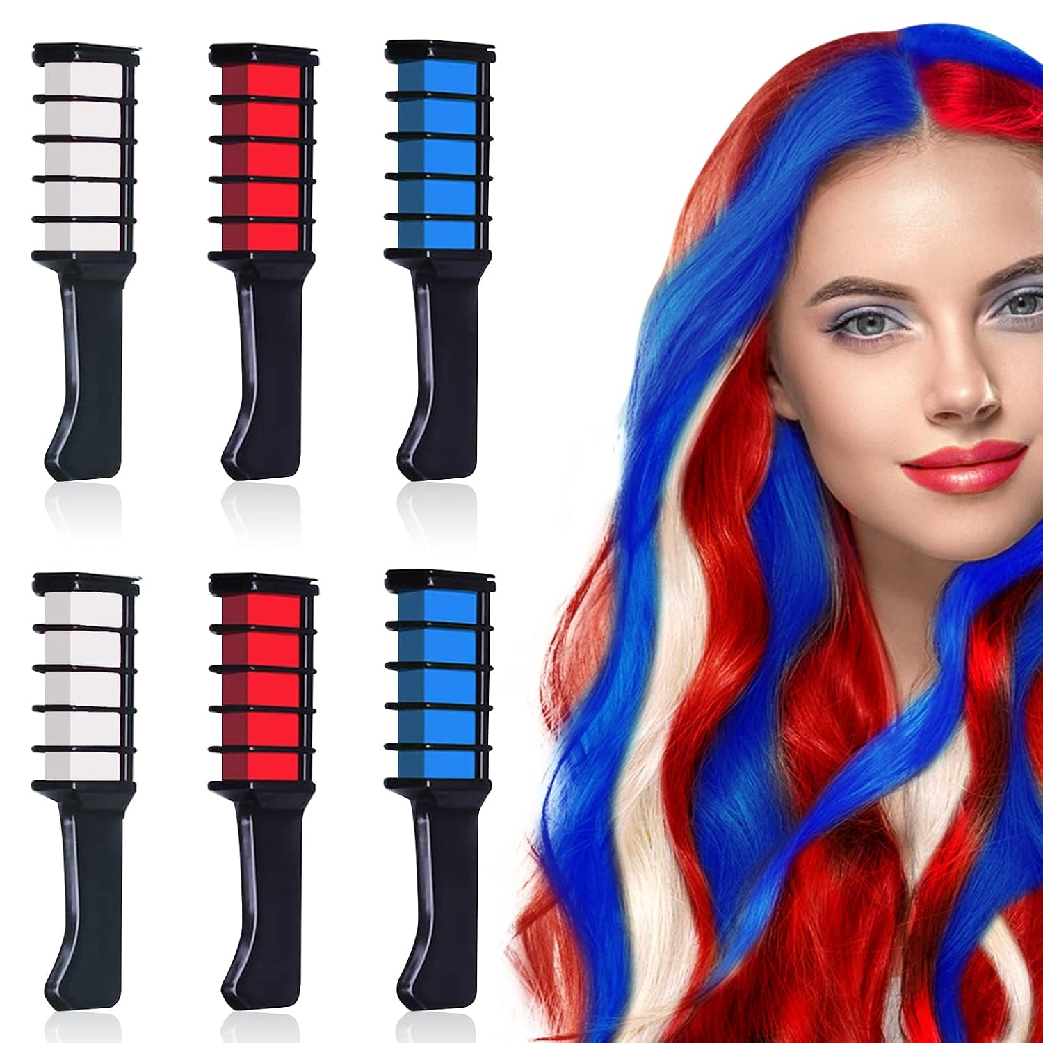 6PC Purple Mini Hair Chalk For Girls Gifts Washable Bright Hair Chalk Combs Temporary Hair Color for Age 4 5 6 7 8 9 10 Festival Party Cosplay Dress up Halloween, Christmas New Years Birthday (Blue Red White)
