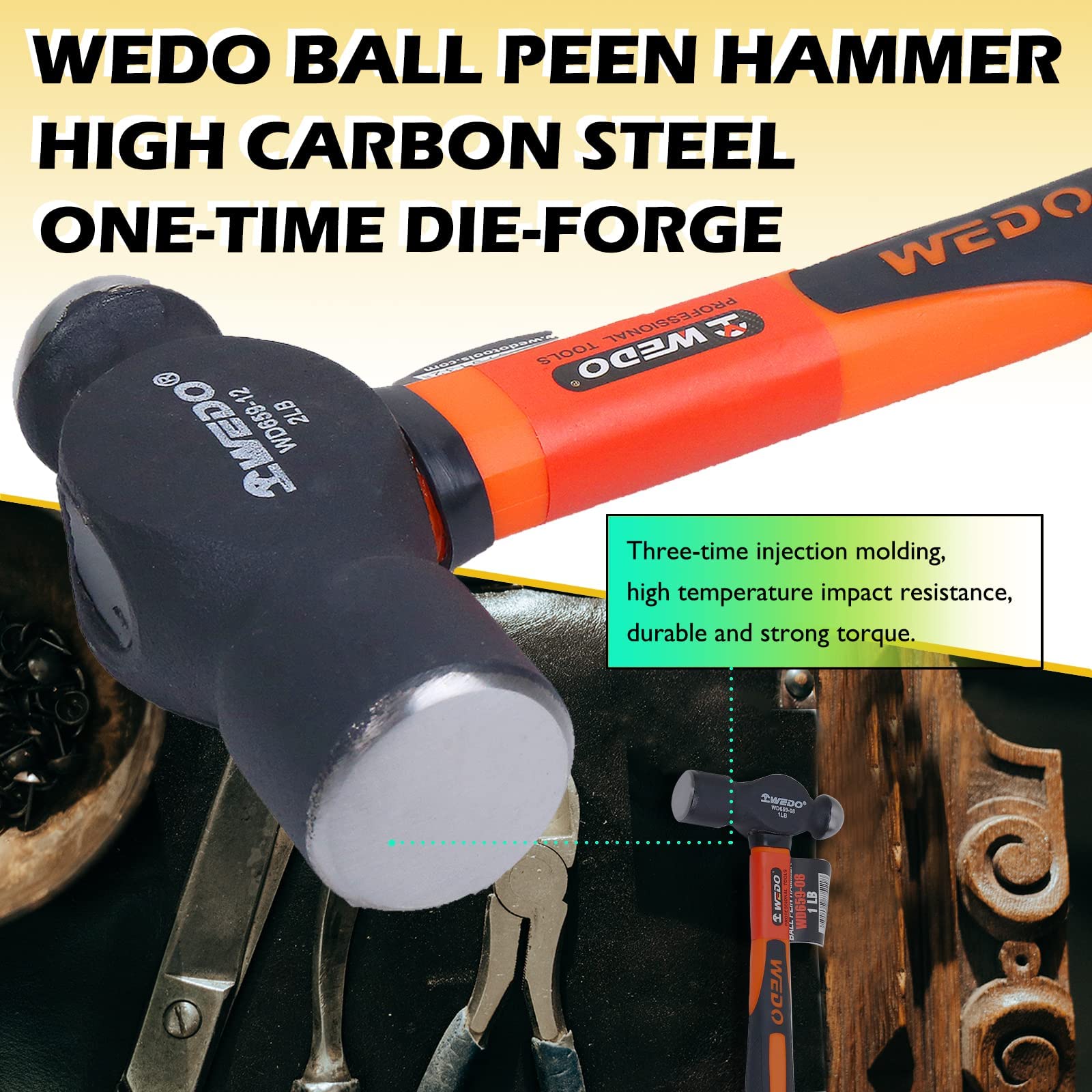 WEDO Martello a sfera 1350 g, con manico in fibra di vetro, manico antiscivolo, acciaio al carbonio, lunghezza 340 mm