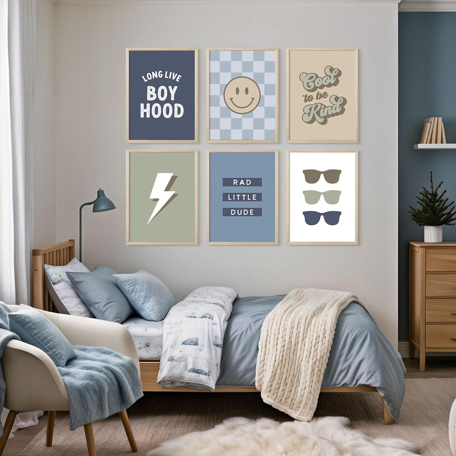 Boy Nursery Wall Art Decor Toddler Baby Boy Room Canvas Pictures Blue Cool Nursery Poster Teen Playroom Prints Long Live Boyhood Artwork for Kids Bedroom 12x16 Inch Wood Framed Set of 6