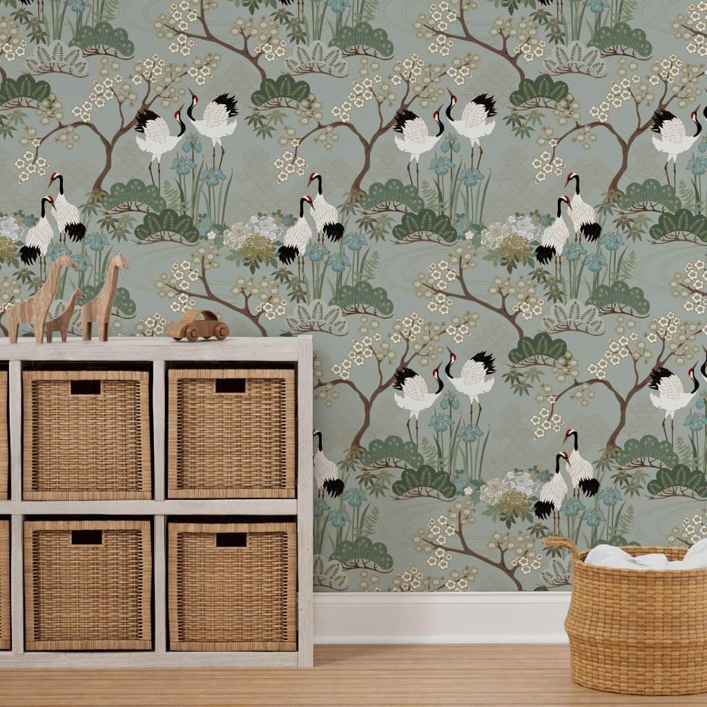 Spoonflower Peel & Stick Wallpaper 9ft x 2ft - Japanese Garden Florals Birds Cranes Asian Sage Cherry Blossom Custom Removable Wallpaper
