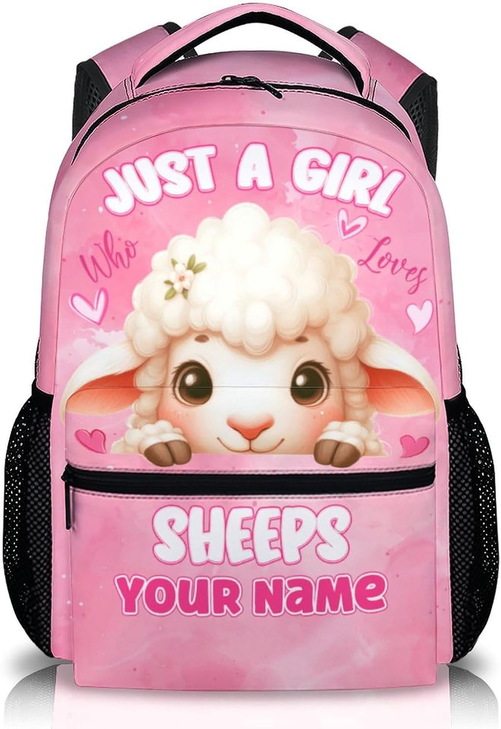 School Backpack for Kids Girls, 17 Inch Pink Custom Sheep Schoolbag for Preschool Kindergarten Primary, Personalized Cute Bookbag Gift for Travel Work Back to School