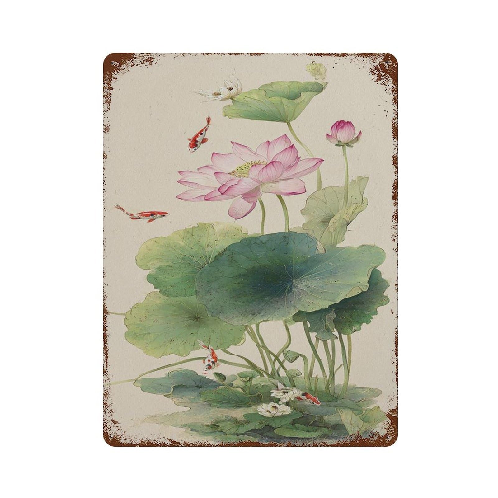 xiaoxiaoshen Lotus Flower And Koi Fish Japanese Watercolor Asian Botanical Tranquil Nature Sc Wall Decor Art Metal Tin Poster Modern Home Decor Art Home Bar Shop Decorations Vintage Sign 40x30cm