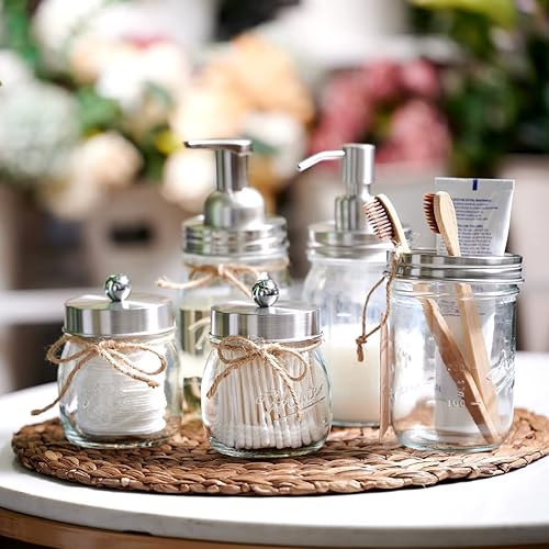 Miniatura 7 de Amolliar Mason Jar - Juego de accesorios de baño (4 piezas) - Dispensador de jabón de loción y 2 soportes para cepillo de dientes y soporte para