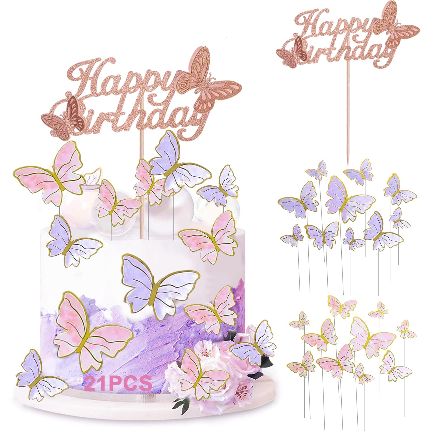 13 stuks roze vlinder taartdecoraties 3D roze gelukkige verjaardag taarttopper verjaardagstaarten toppers vlinder cupcake topper voor meisjes vrouwen