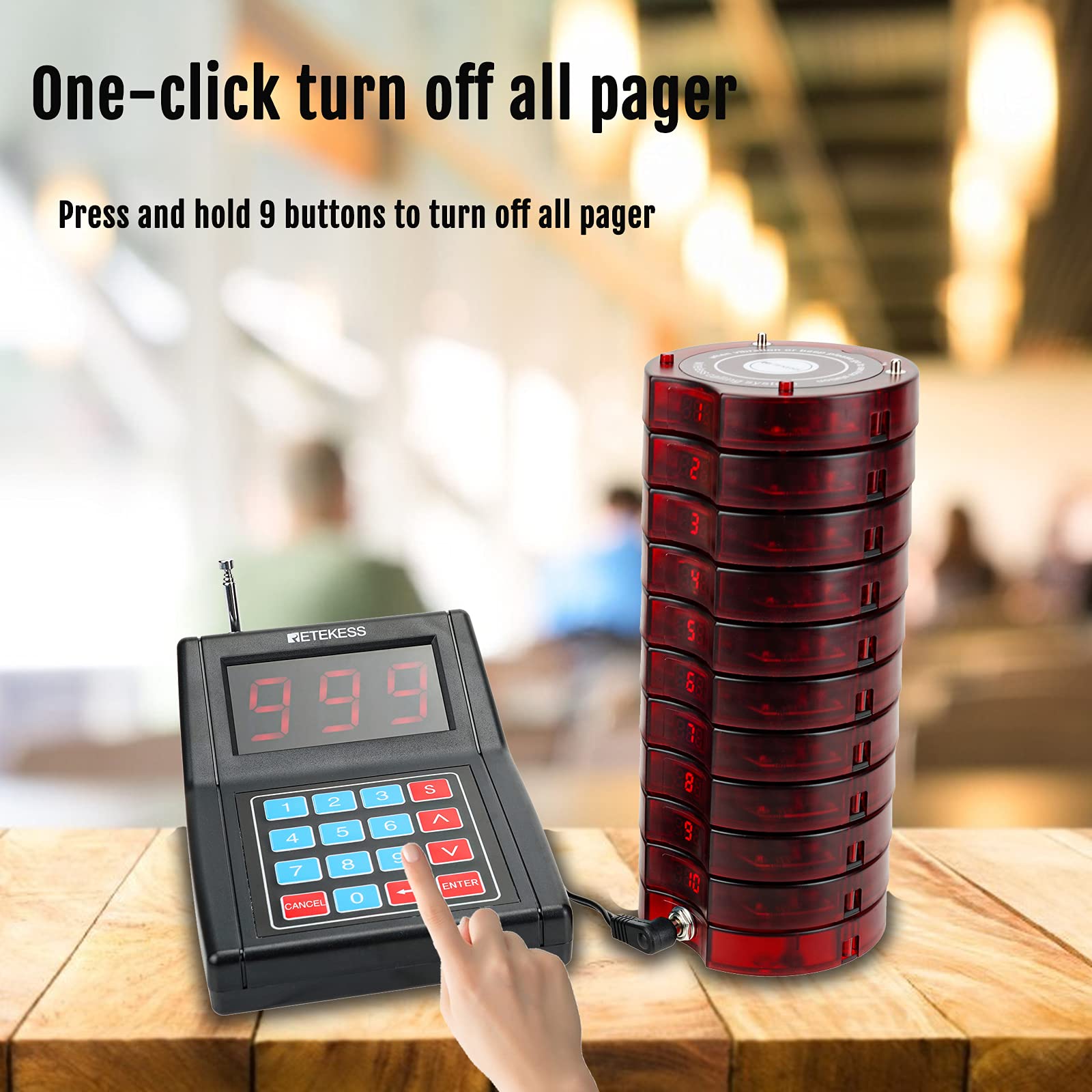 Retekess TD165 Cercapersone Ristorante Wireless, 300M 999 Canali Pager Ristorante, 3 Modalità di Chiamata, Indicatore di Batteria Scarica, Chiama persone Ristorante, Bar, Fabbrica, Clinica
