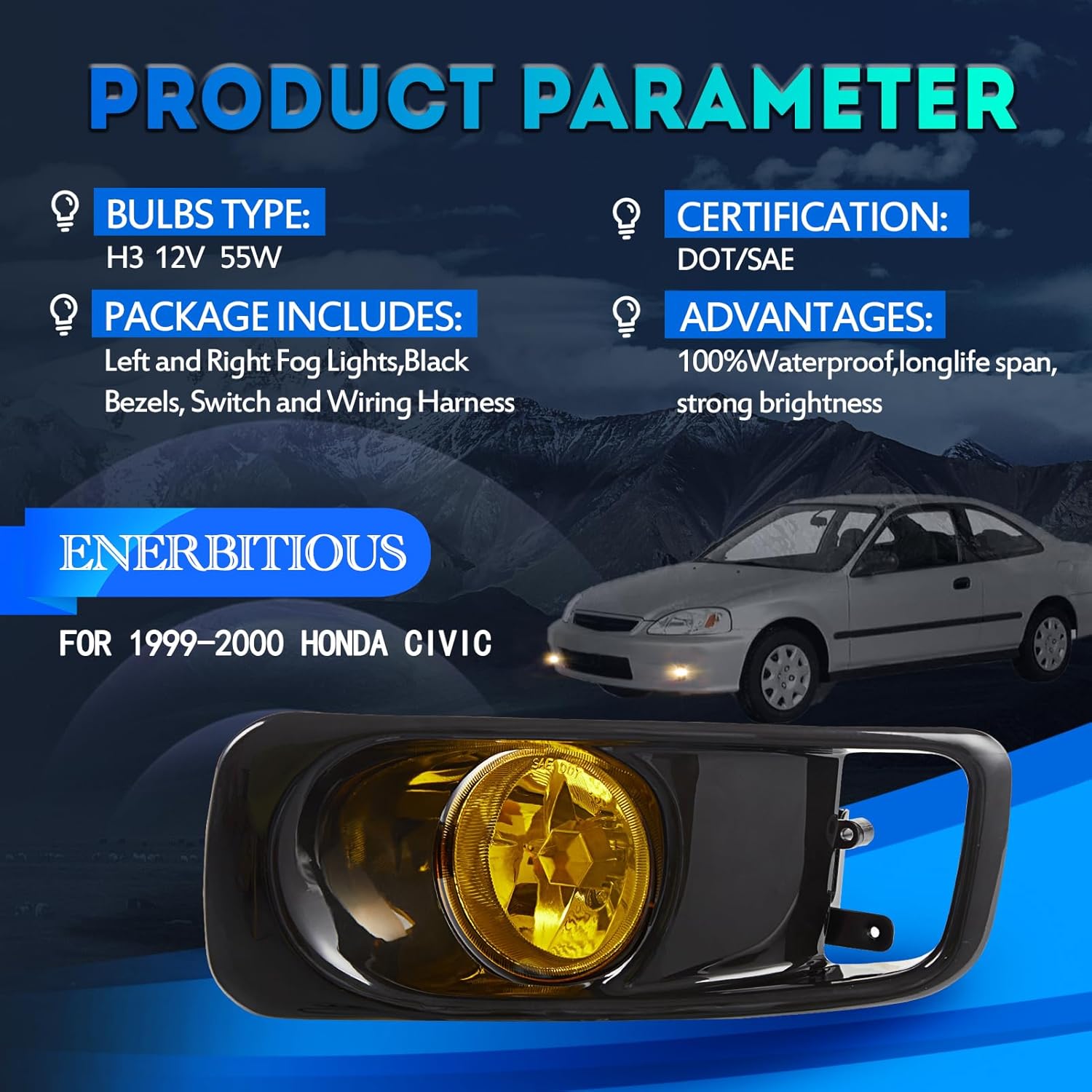 Fog Lights Lamps Replacement for 1999 2000 Honda Civic Fog Light Assembly Compatible with H3 12V 55W Bulbs, Switch and Wiring Kit