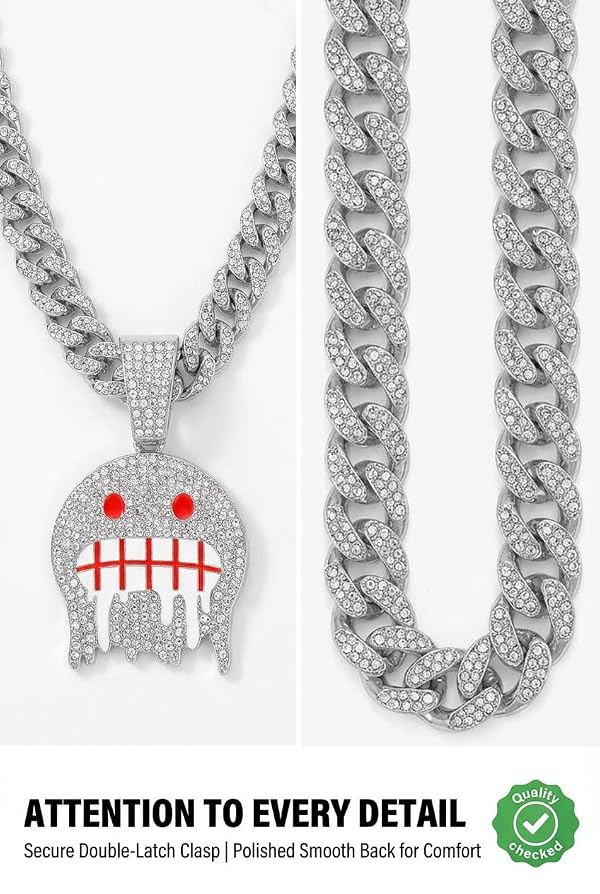 LCWLJL Iced Out Miami Cuban Link Chain with Pendant | Hip Hop Bling Necklace for Men & Women | Gold/Silver Plated with Full Rhinestones | Rapper Style Jewelry for Party（Red Silver） by LCWLJL - Used condition - US$11.39