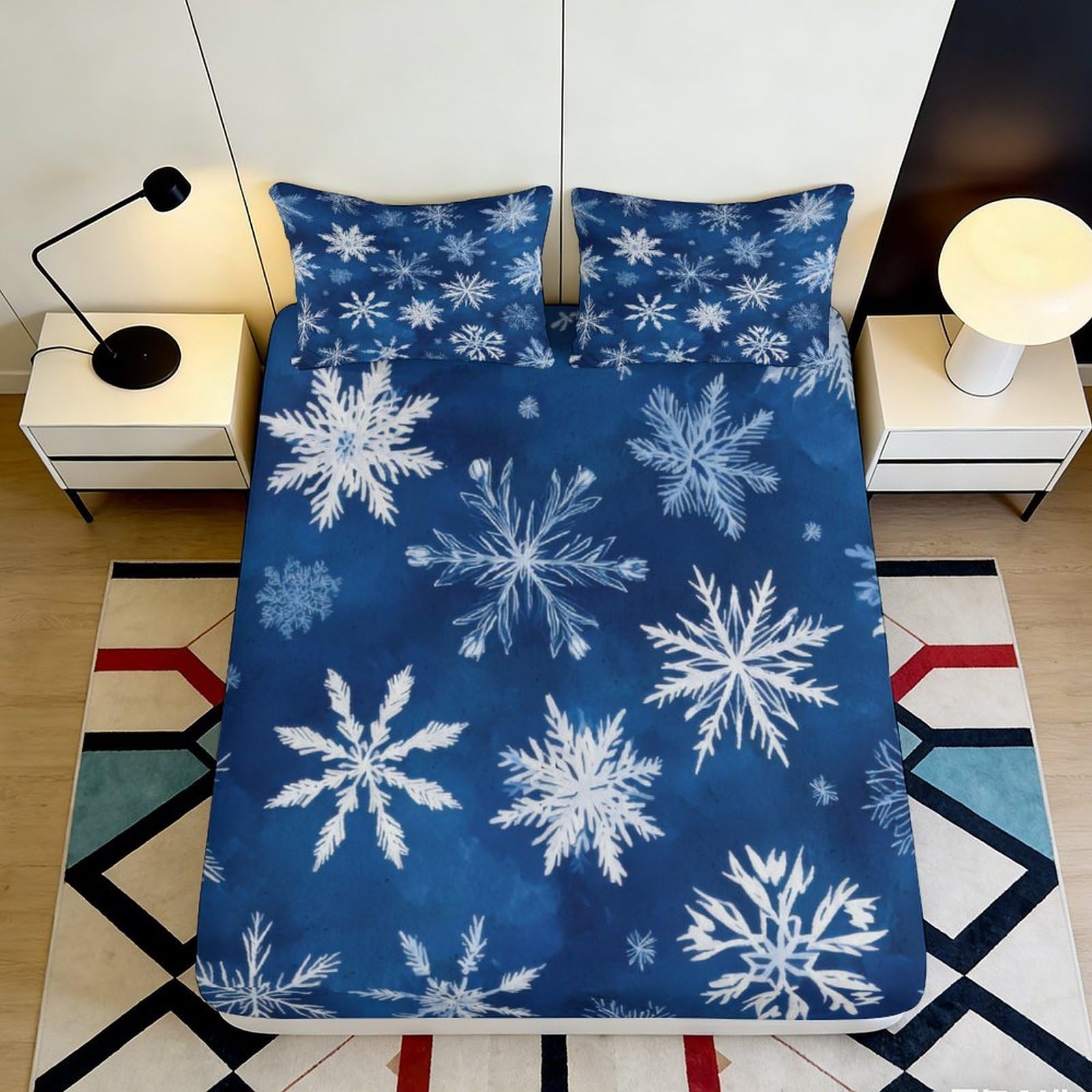 3D Printed Snowflake Blue Fitted Sheet Microfiber Soft Bed Sheet for Bedroom Guest Room Dorm Bed Decor Machine Washable 90x200x25cm