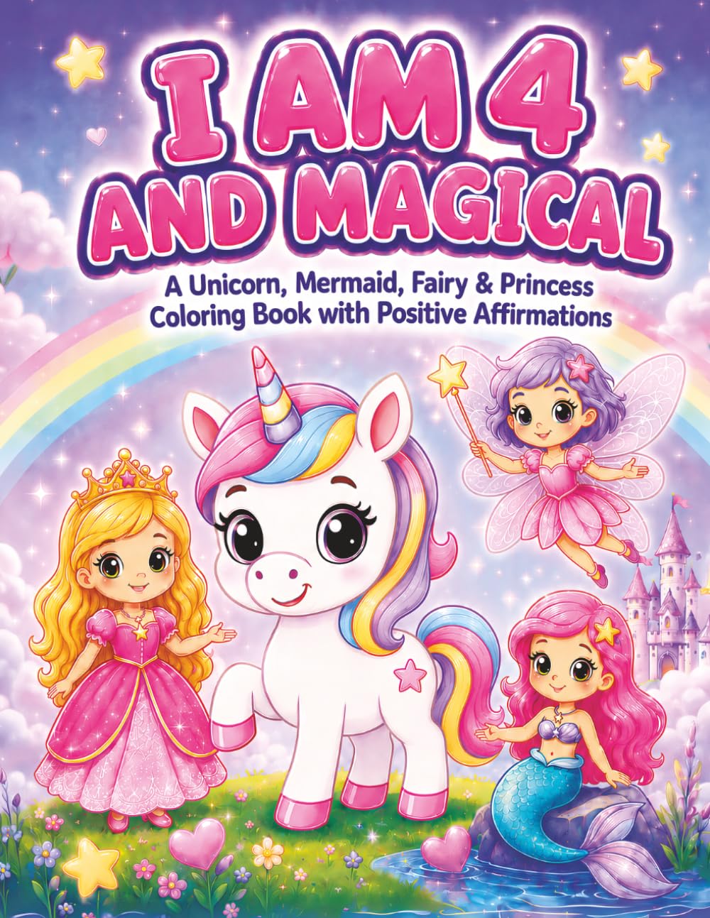 I Am 4 and Magical: A Unicorn, Mermaid, Fairy & Princess Coloring Book with Positive Affirmations for 4-Year-Old Girls