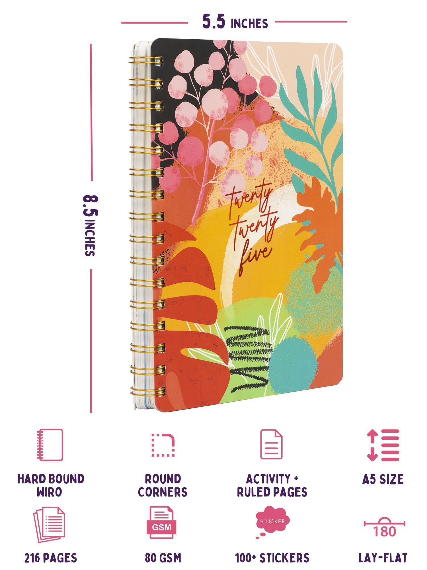 Doodle The Happiness - Agenda rigida A5 con oltre 100 adesivi, pagine annuali, mensili, giornaliere non datate, pagine per le attività, biglietti per appunti strappati e citazioni, 216 pagine a righe