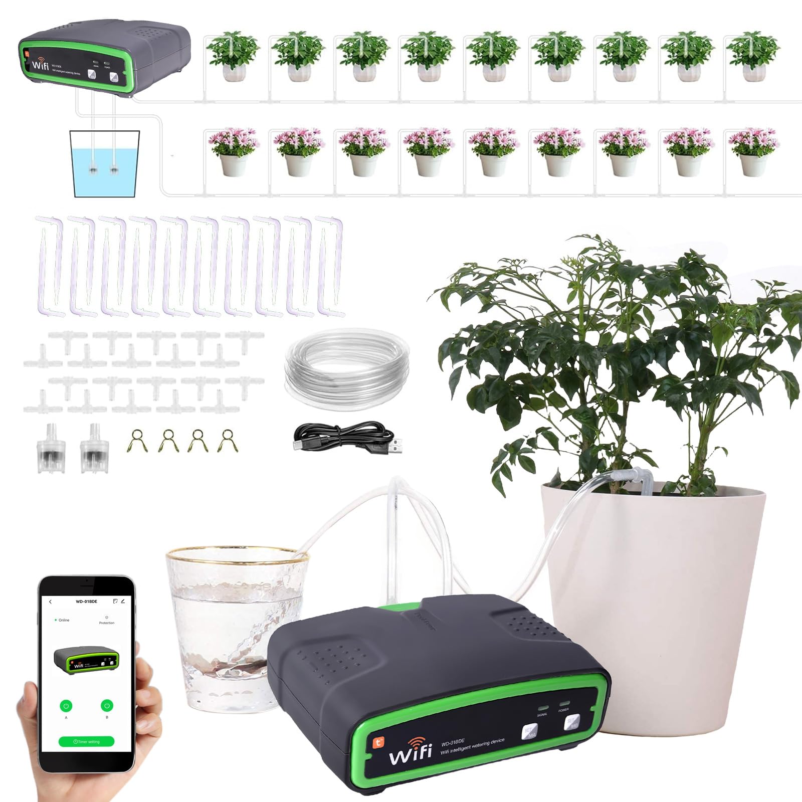 BewäSserungssystem Mit Doppelte Pumpe, Wifi Automatische BewäSserung, Diy TropfbewäSserungsset Gesteuert üBer App, BewäSsern Sie 20 Pflanzen Einmal, FüR Balkon KüBelpflanzen