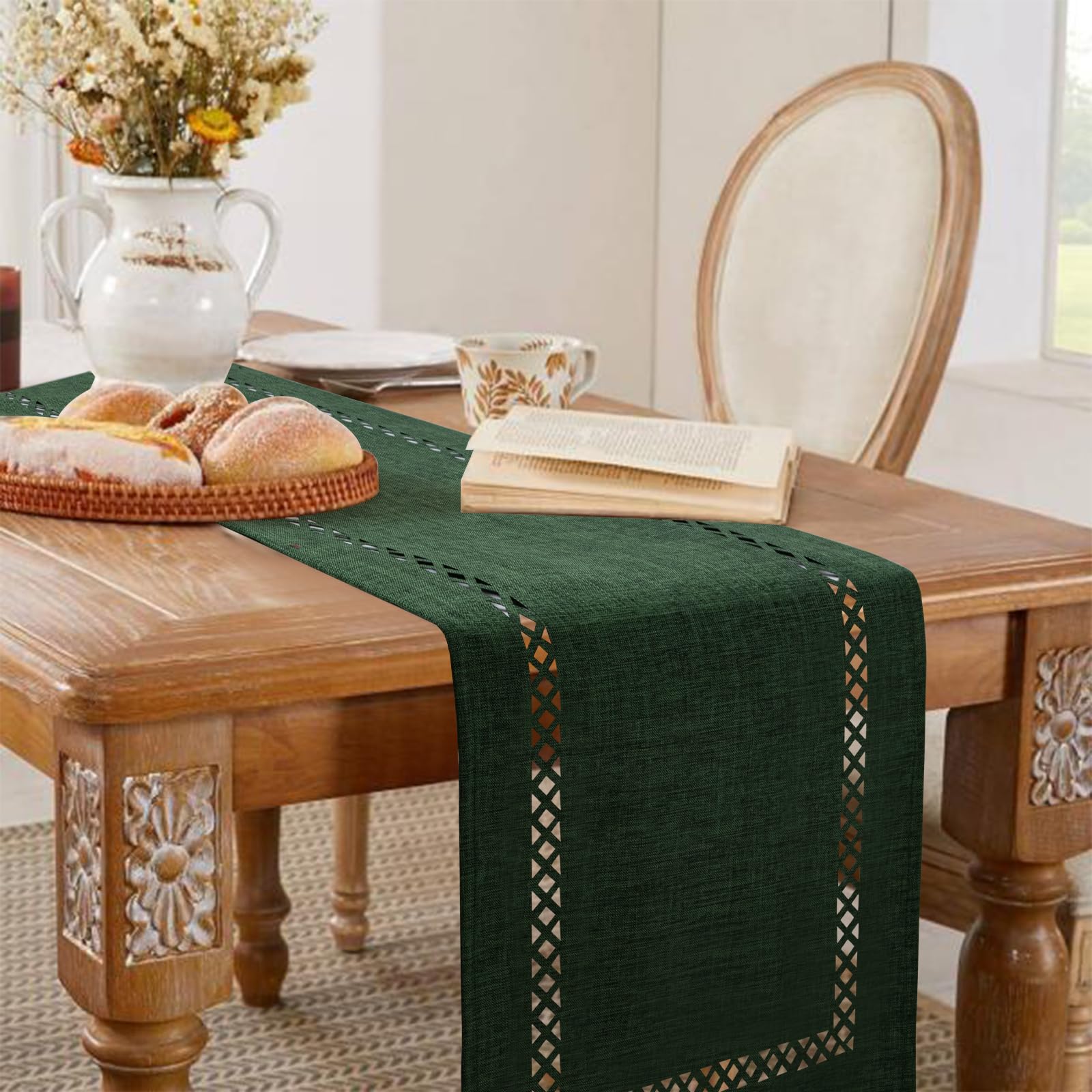 BAZIOE Modern Table Runner Green Linen Table Runner Washable Openwork Design Ideal for Holiday Party Decoration Dining Table - Image 2