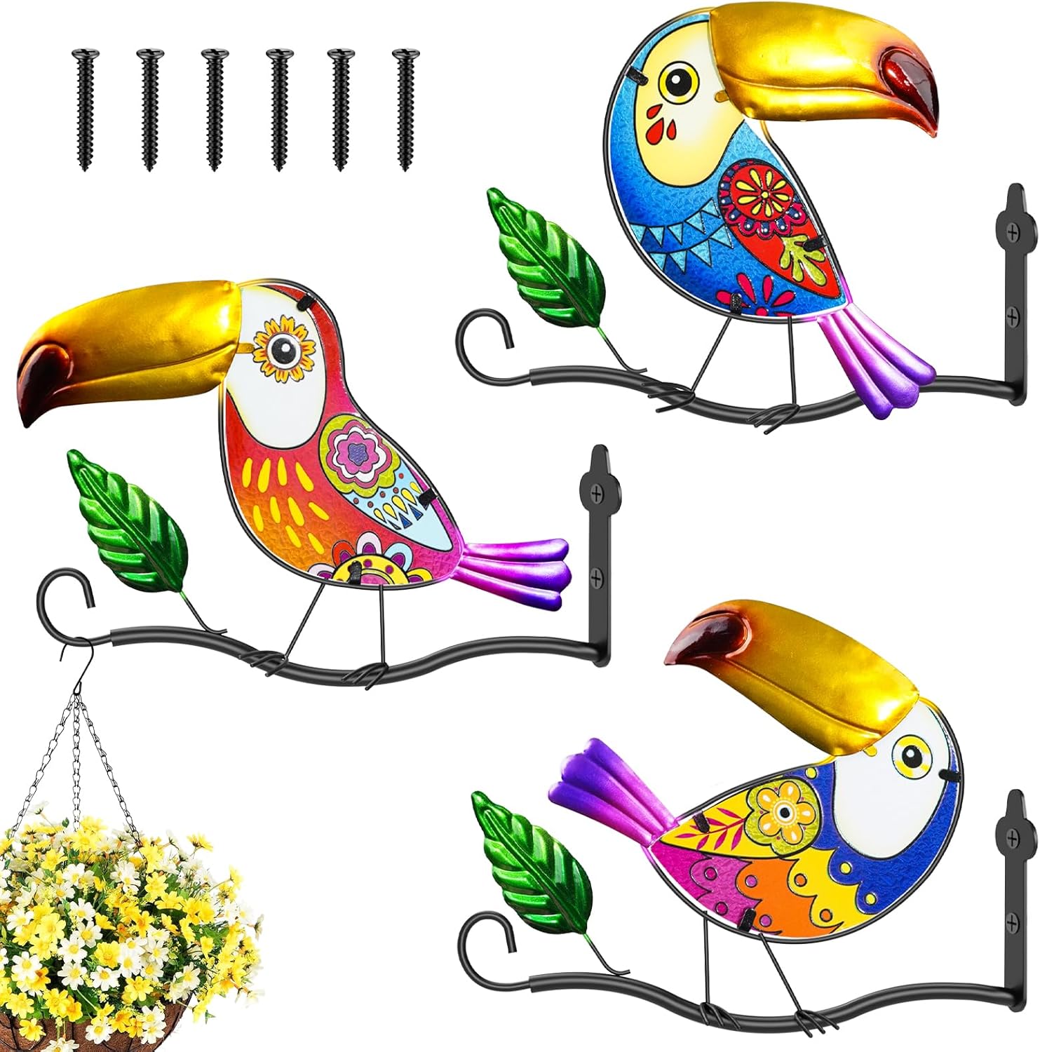 3PCS Metal Owl Wall Art Decor Hooks, 3D Colorful Stained Glass Hanger for Flower Baskets Wind Chimes Lanterns, Indoor & Outdoor wall Decor for Garden Porch Living Room Balcony(Toucan)