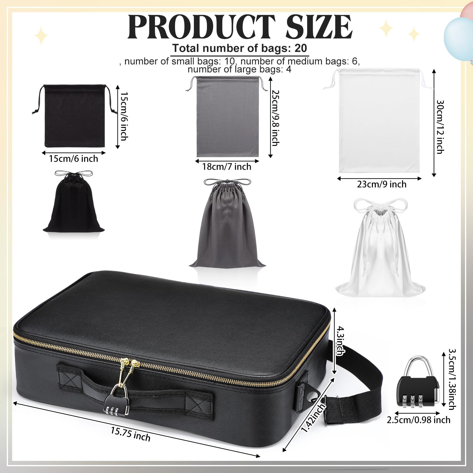 Eccliy Locking Adult Game Toy Storage Organizer with 20 Different Size Drawstring Bags Adult Toy Box Storage Bins Case Tool Discreet Flat Box Bags(Black,15.75 x 11.42 x 4.3 Inches)