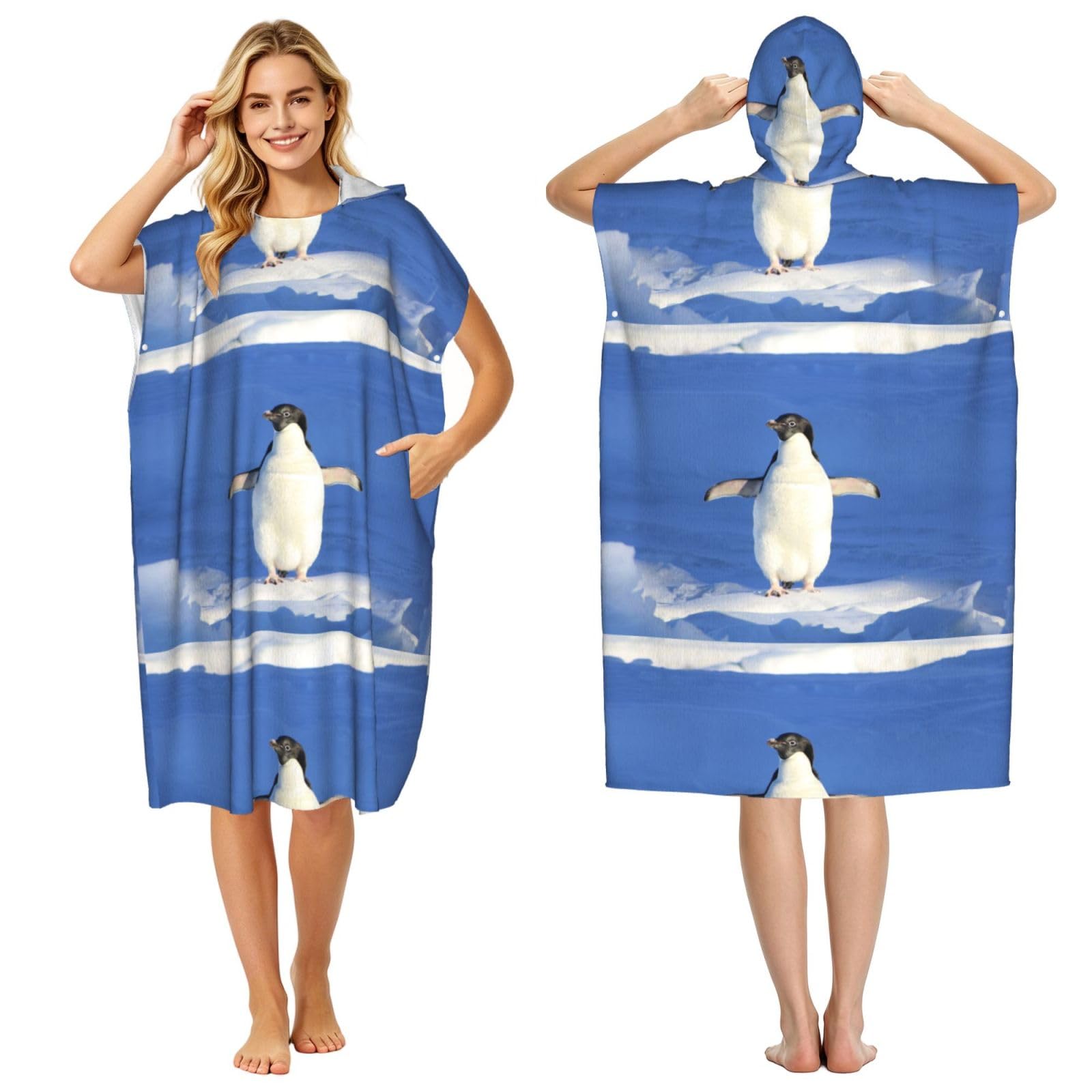 Poadnly Penguin, Adult Hooded Beach Towel 90 x 110 cm,Changing Bath Robe, Surf Poncho Towel For Women Men