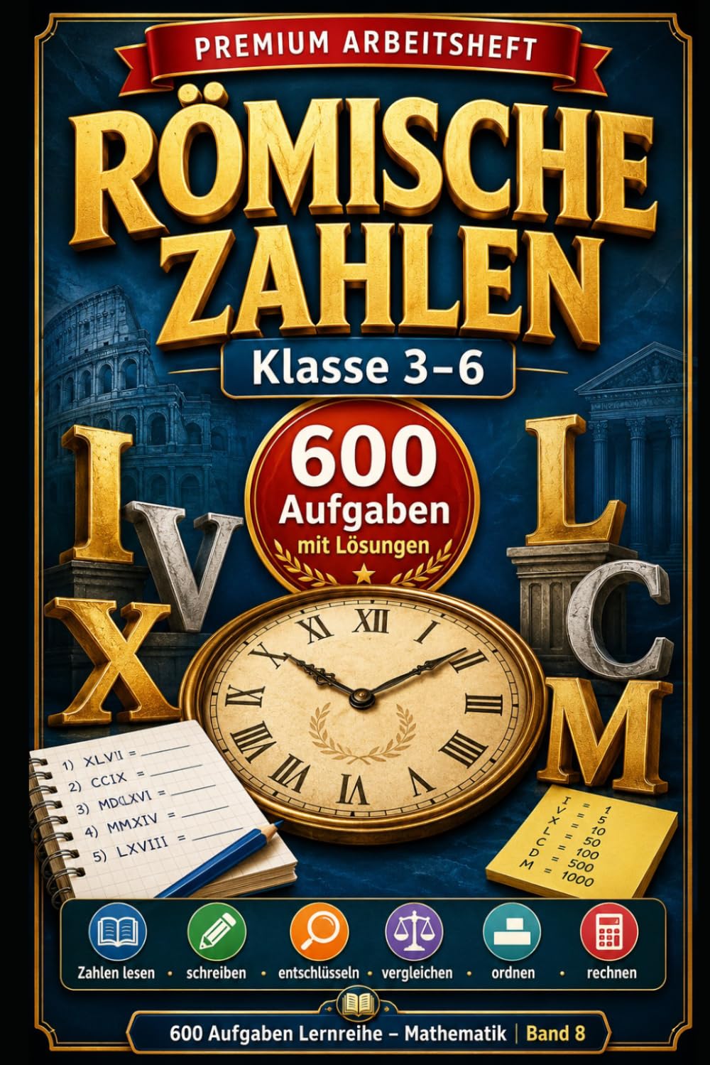 Römische Zahlen – Klasse 3–6: 600 Aufgaben mit Lösungen: Zahlen lesen, schreiben & entschlüsseln · Schritt für Schritt üben · Ideal für Schule & Zuhause (600 Aufgaben Lernreihe – Mathematik)