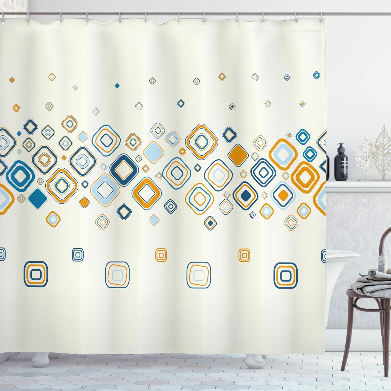 Ambesonne Modern Shower Curtain, Vector Illustration of Repeating Geometric Shapes Pattern Print, Cloth Fabric Bathroom Decor Set with Hooks, 69" W x 75" L, Cream Marigold Pale Blue