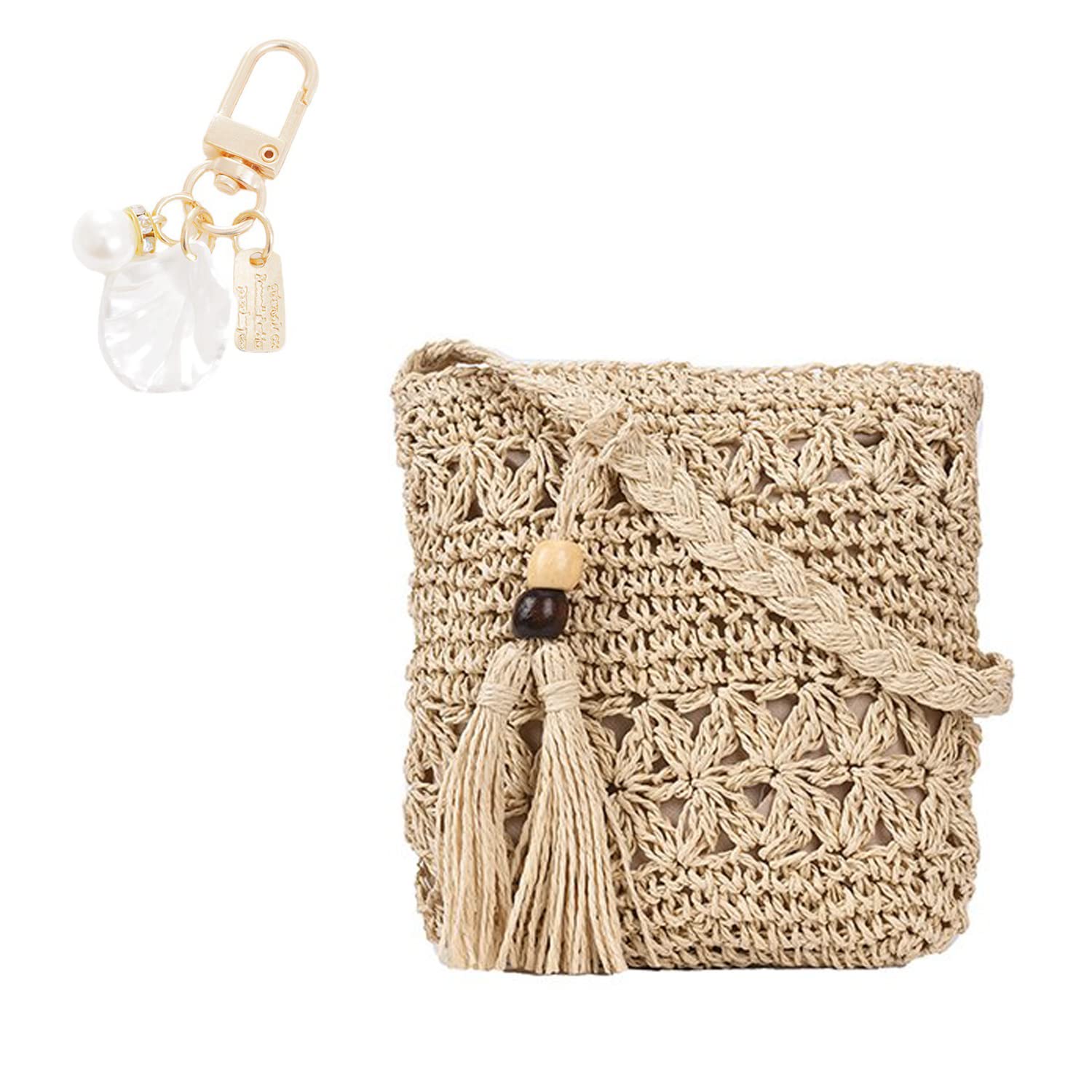 YSDYY 1 x bolso cruzado de un solo hombro de paja para mujer, bolso cruzado de playa para todo el verano, bolso de ocio con borla, 1 x colgante de accesorio de concha de playa con hebilla