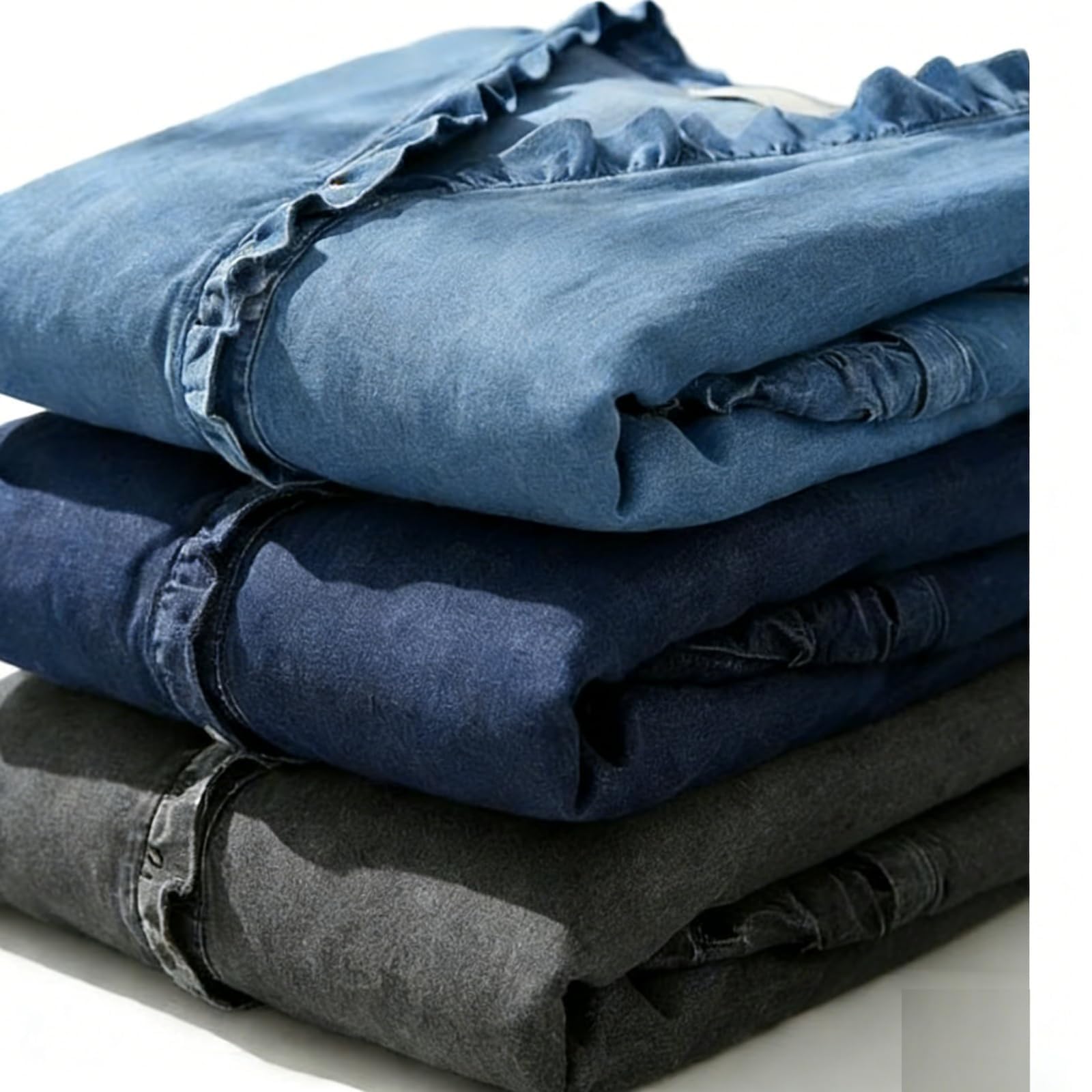 Camicia in jeans da donna con scollo a V, maniche a 3/4 arrotolabili, stile casual, con scollo a V e balze
