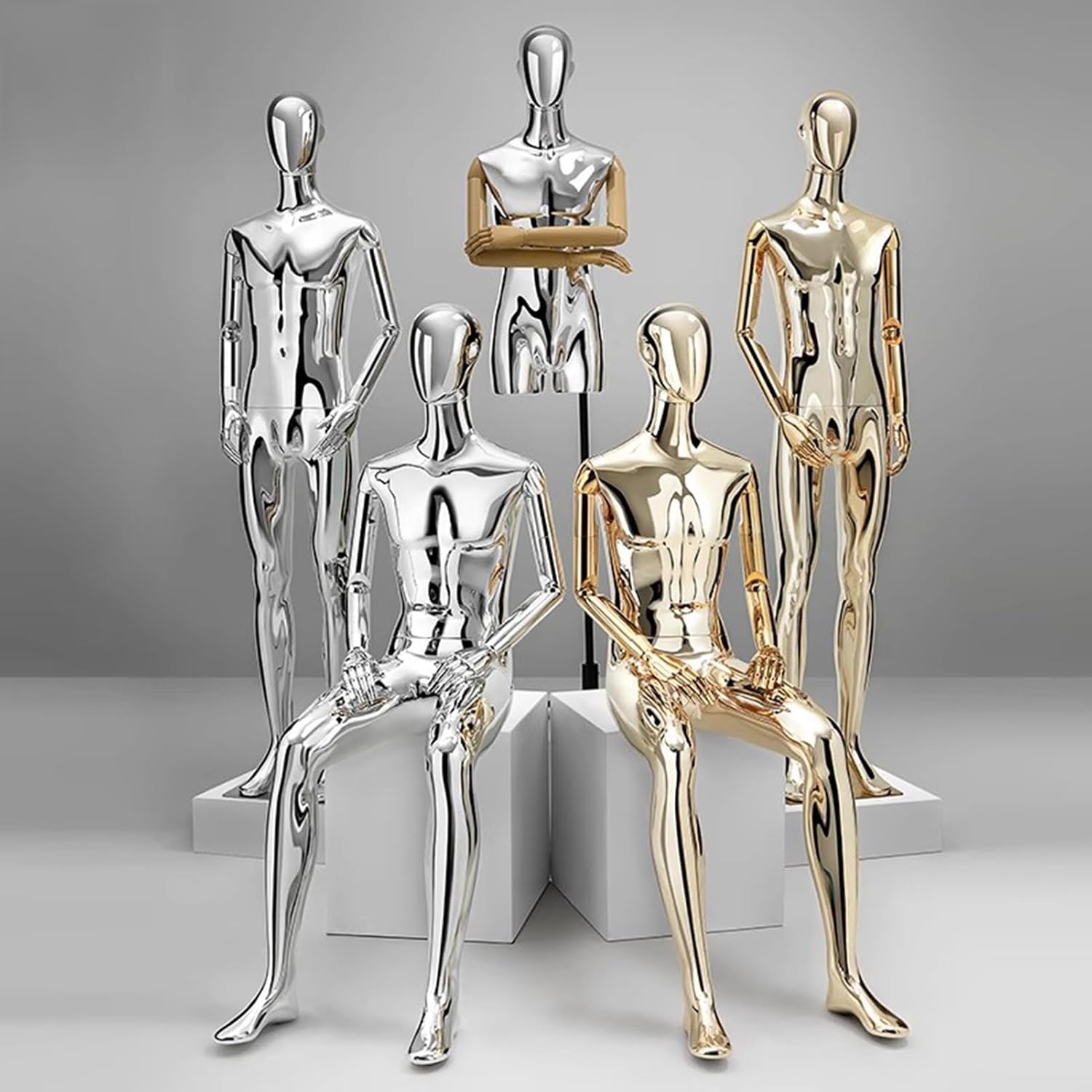 63 in High Window Display Clothing Body Retail Mannequins, Detachable Mannequin with Rotatable Solid Wood Arms and Head,Silver
