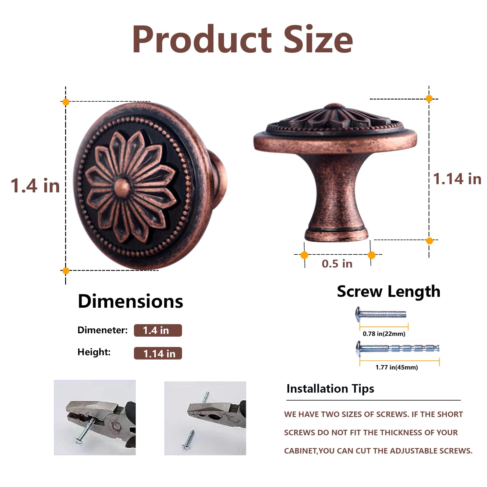 Paquete de 16 pomos de cobre antiguo para armarios y cajones, manijas redondas de cobre rústico de 1-2/5 pulgadas para cajones de cómoda, alacena, baño, dormitorio, puerta de tocador, perilla