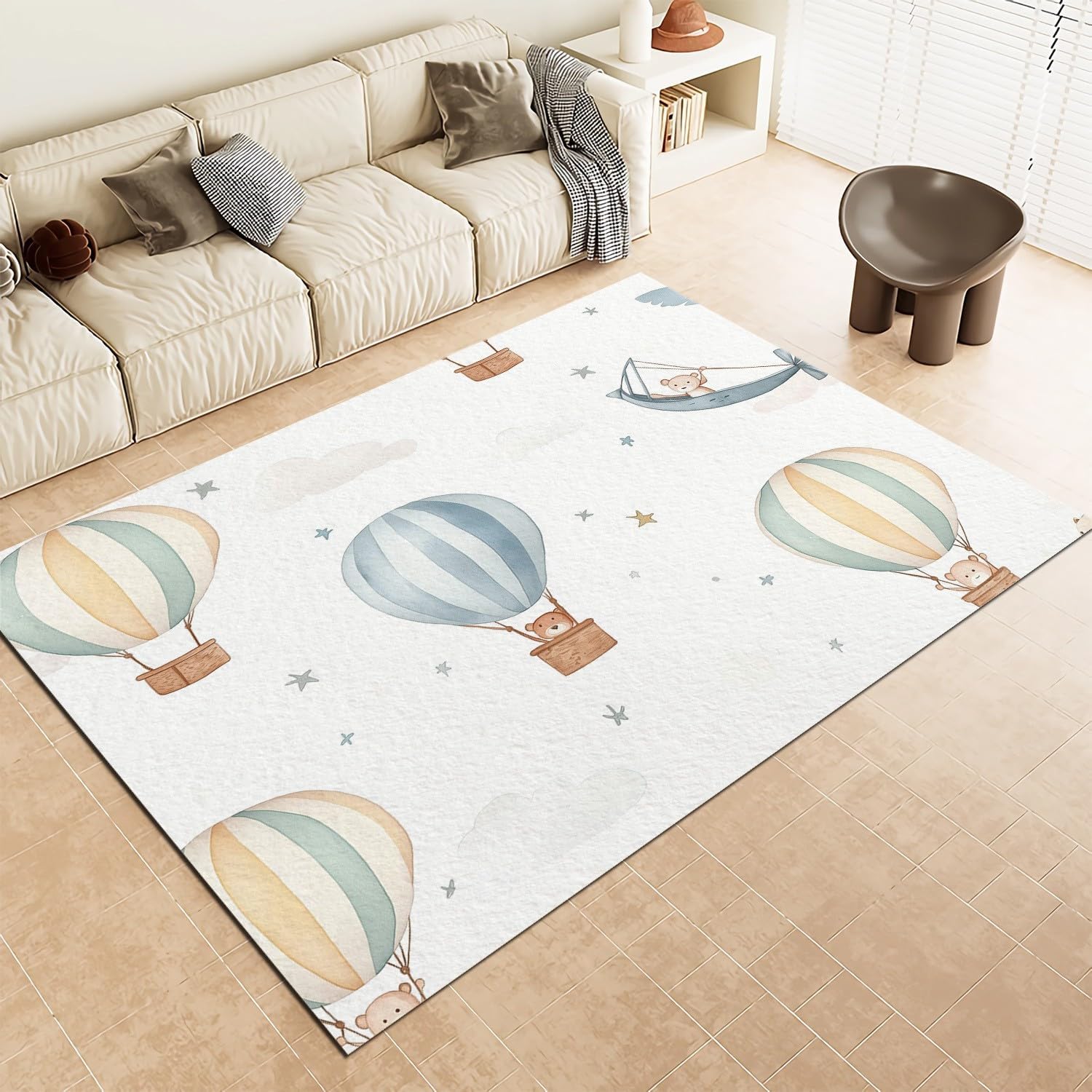 Cartoon Hot Air Balloon Machine Washable Rug 4x6 ft White Patterned Large Rug & Washable Non Slip Indoor Floor Carpet & Home Decor