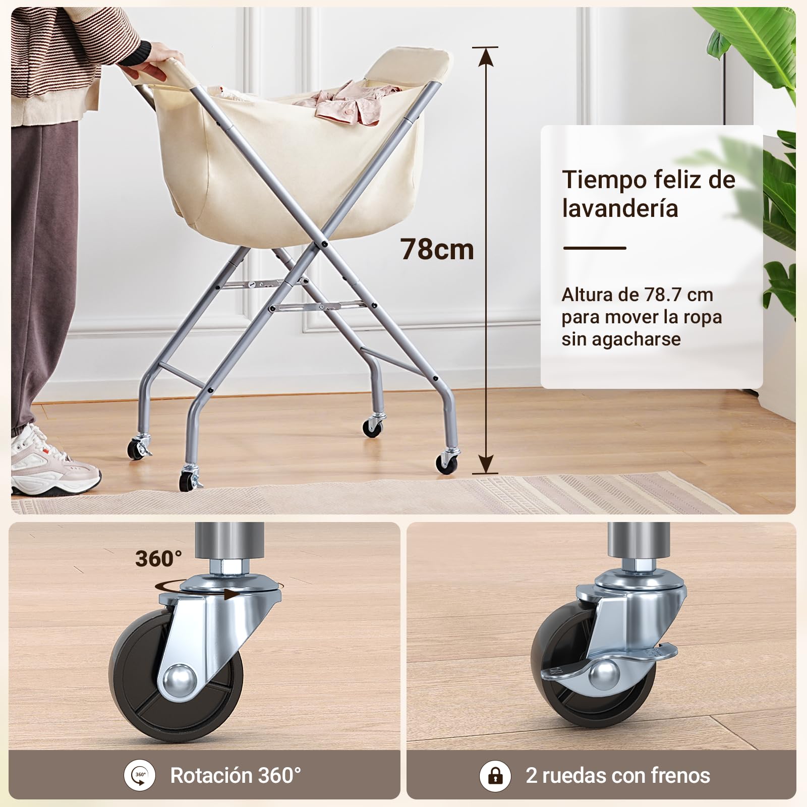 ELYKEN Carrello per bucato con ruote, cesto portabiancheria facile da rotolare da 81 cm di altezza con sacchetto interno removibile da 52 L, robusto cesto per vestiti con struttura in metallo e 4