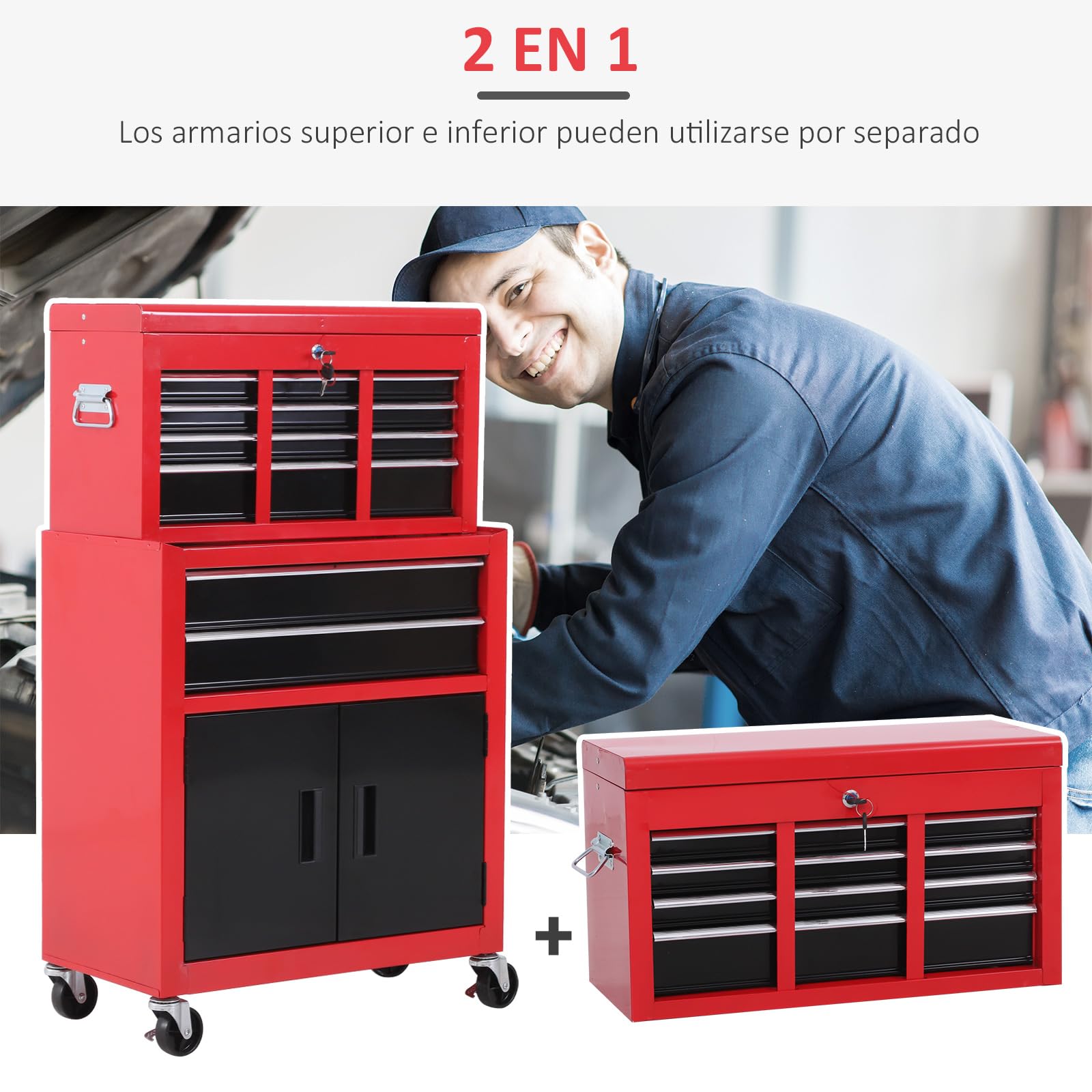 HOMCOM Carro de Herramientas con Baúl Superior, 2 en 1, Carro de Taller con 6 Cajones, Armario, Cerradura, 4 Ganchos, 2 Ruedas con Freno de Bloqueo, para Garaje, Hogar, Rojo