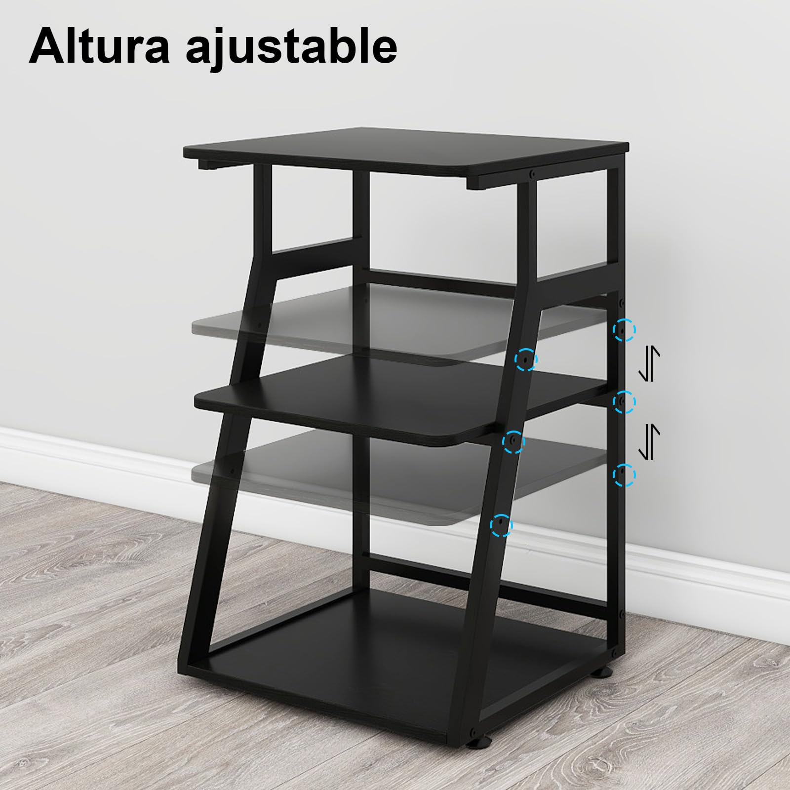 PUNCIA Soporte para Impresora con Ruedas Carrito de 3 Niveles Ajustable 50x40cm Estantería de Madera y Metal para Impresora Fotocopiadora Escáner Mueble Organizador de Oficina Negro