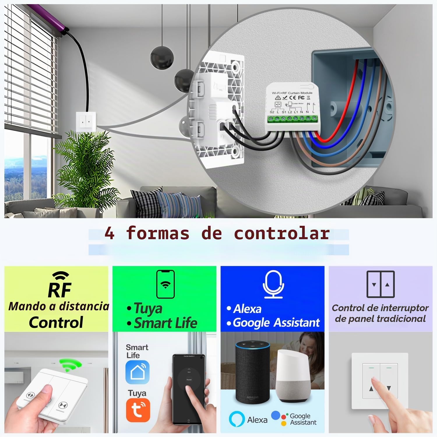 Interruptor Persianas WiFi RF433 Interruptor inalámbrico móvil, Relé de persianas temporizador inteligente para cortina eléctrica Compatible con Alexa Voice Google Home tuya APP Control, 500W