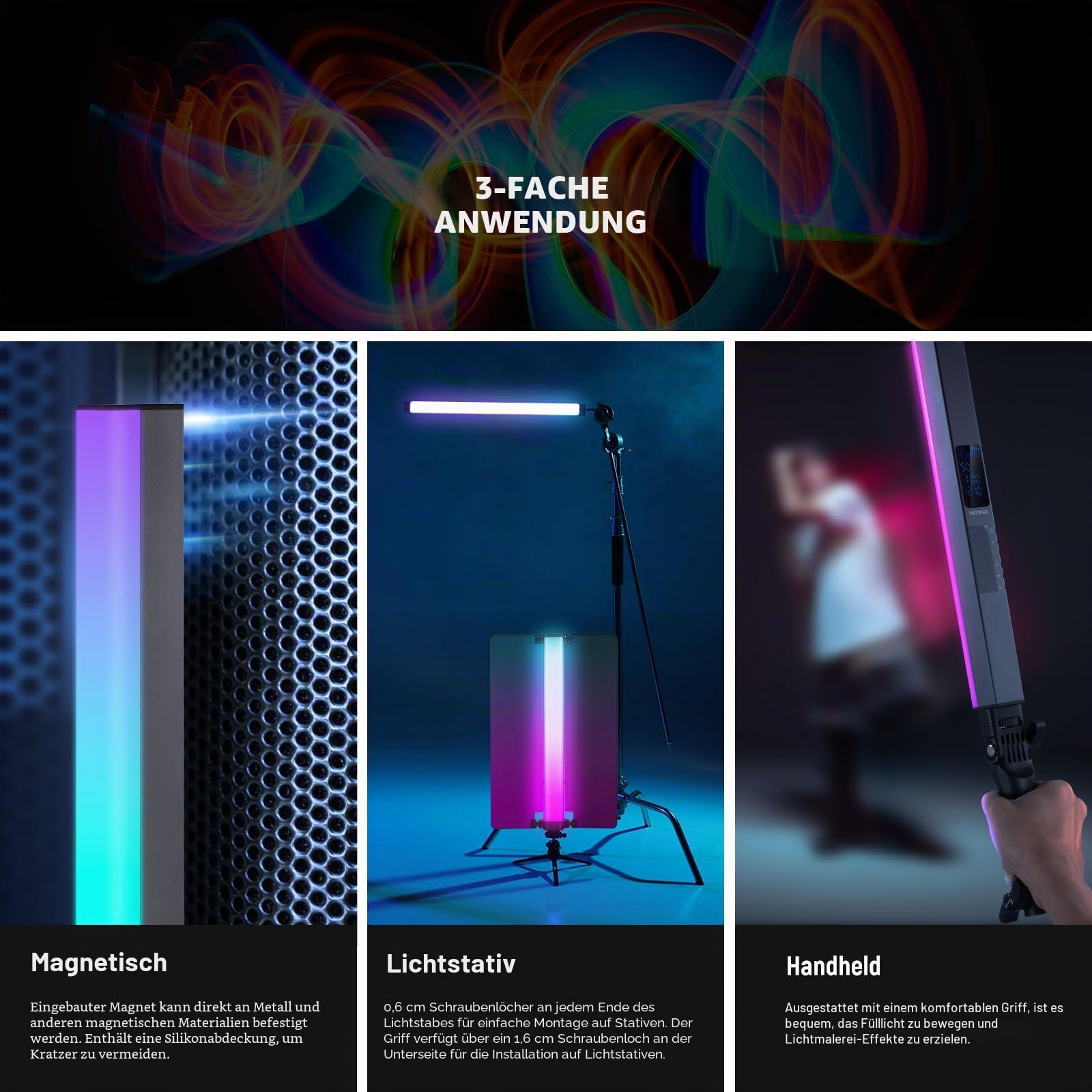 Neewer RGB2 LED Videoleuchte Lichtstab mit Metall Scheunentor Griff Touchleiste/APP/2 – Bild 9