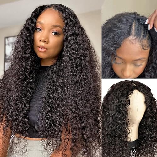 ISEE V Part Wig Human Hair Water Wave Glueless Wig With Clips 20 Inch | Upgrade U Part 100% Human Hair Wig, No Glue No Sew In, 180% Density in Natural Color, Black Women Beginners Friendly