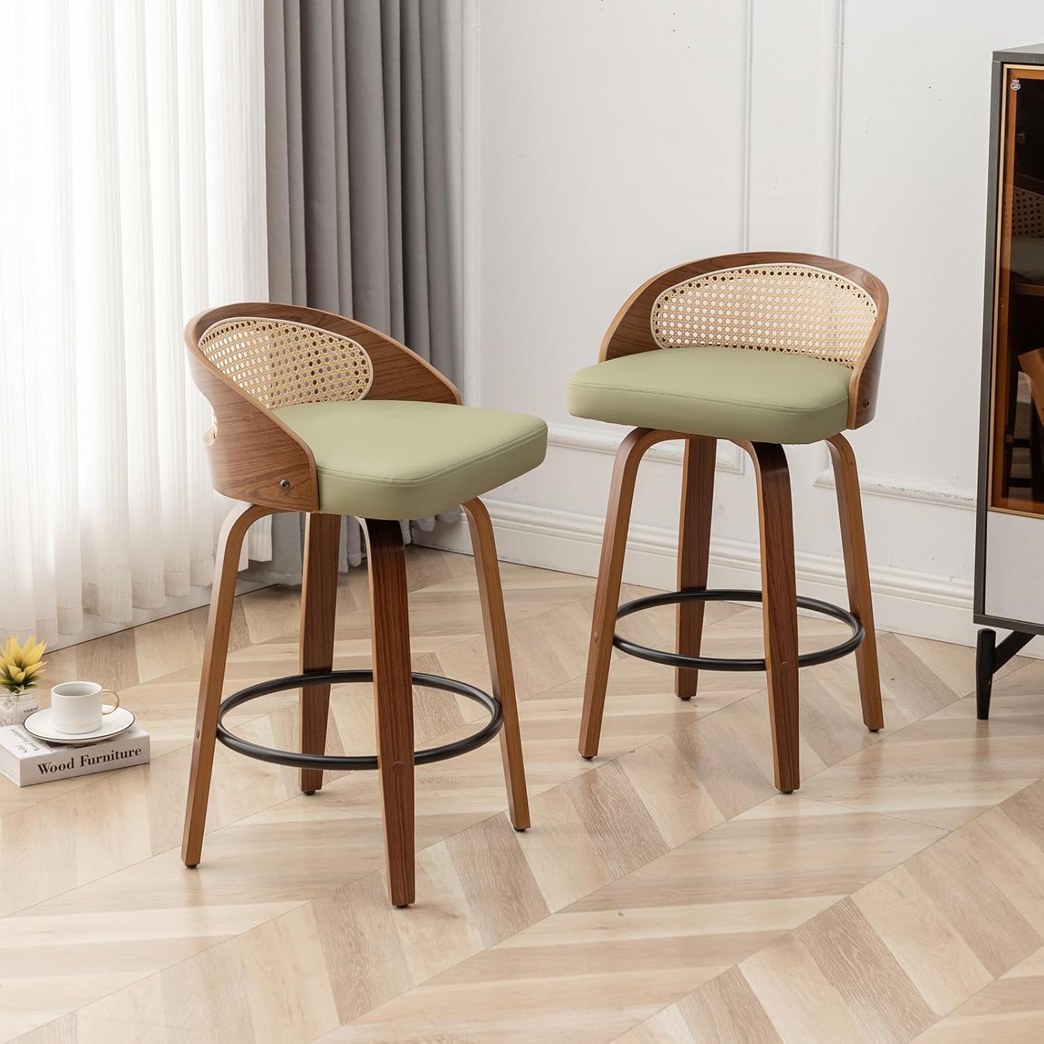 26" Swivel Rattan Bar Stools Set of 2,Mid-Century Modern Green Faux Leather Upholstered Counter Height Stools,Kitchen Island Barstools with Rattan Low Backrest,Walnut Wood Finish Bar Chairs