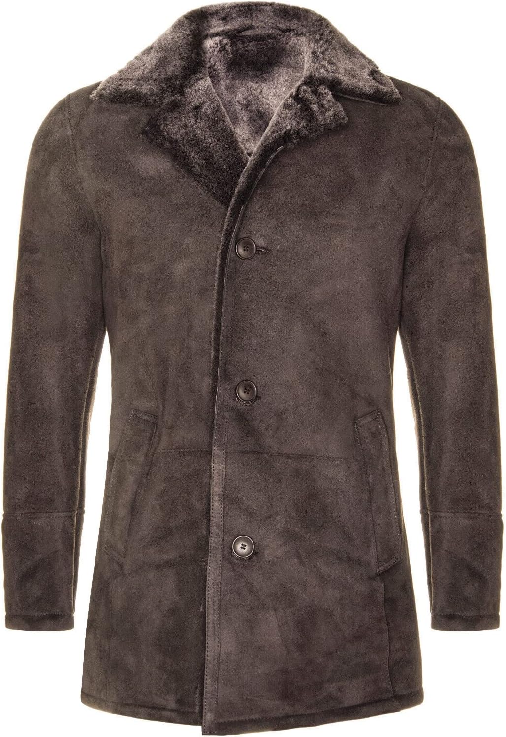 Men's Brown Sheepskin Real Shearling Classic Suede Leather Pea Coat