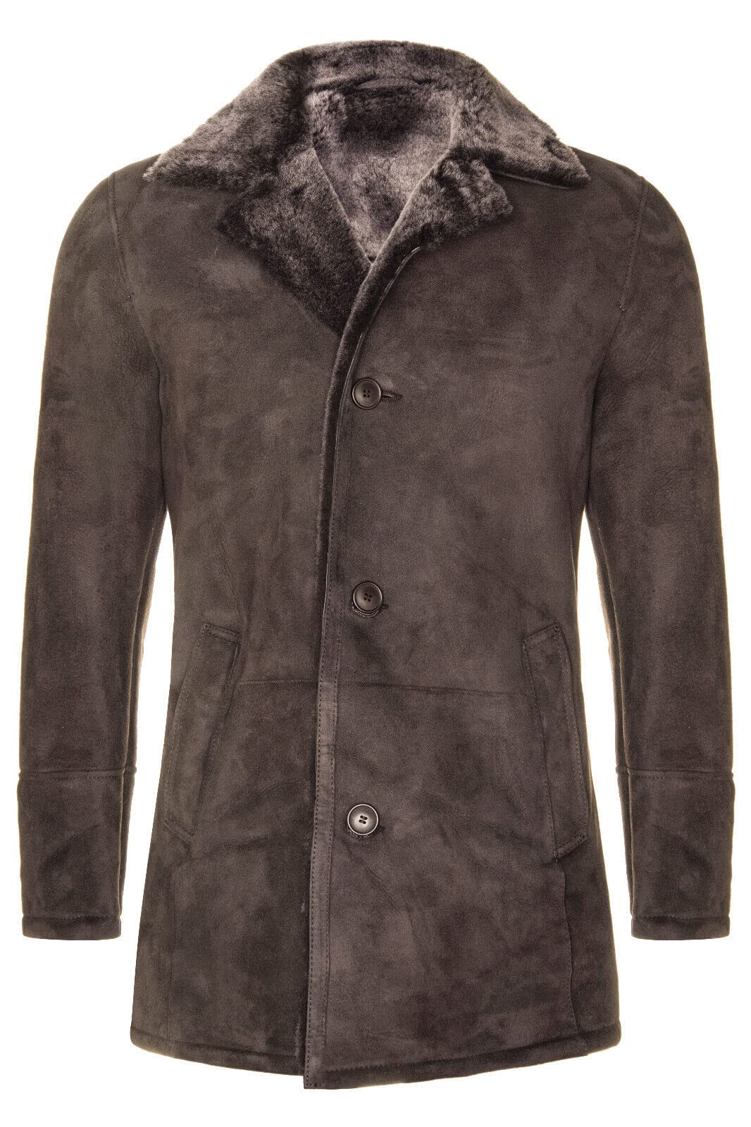 Men's Brown Sheepskin Real Shearling Classic Suede Leather Pea Coat L